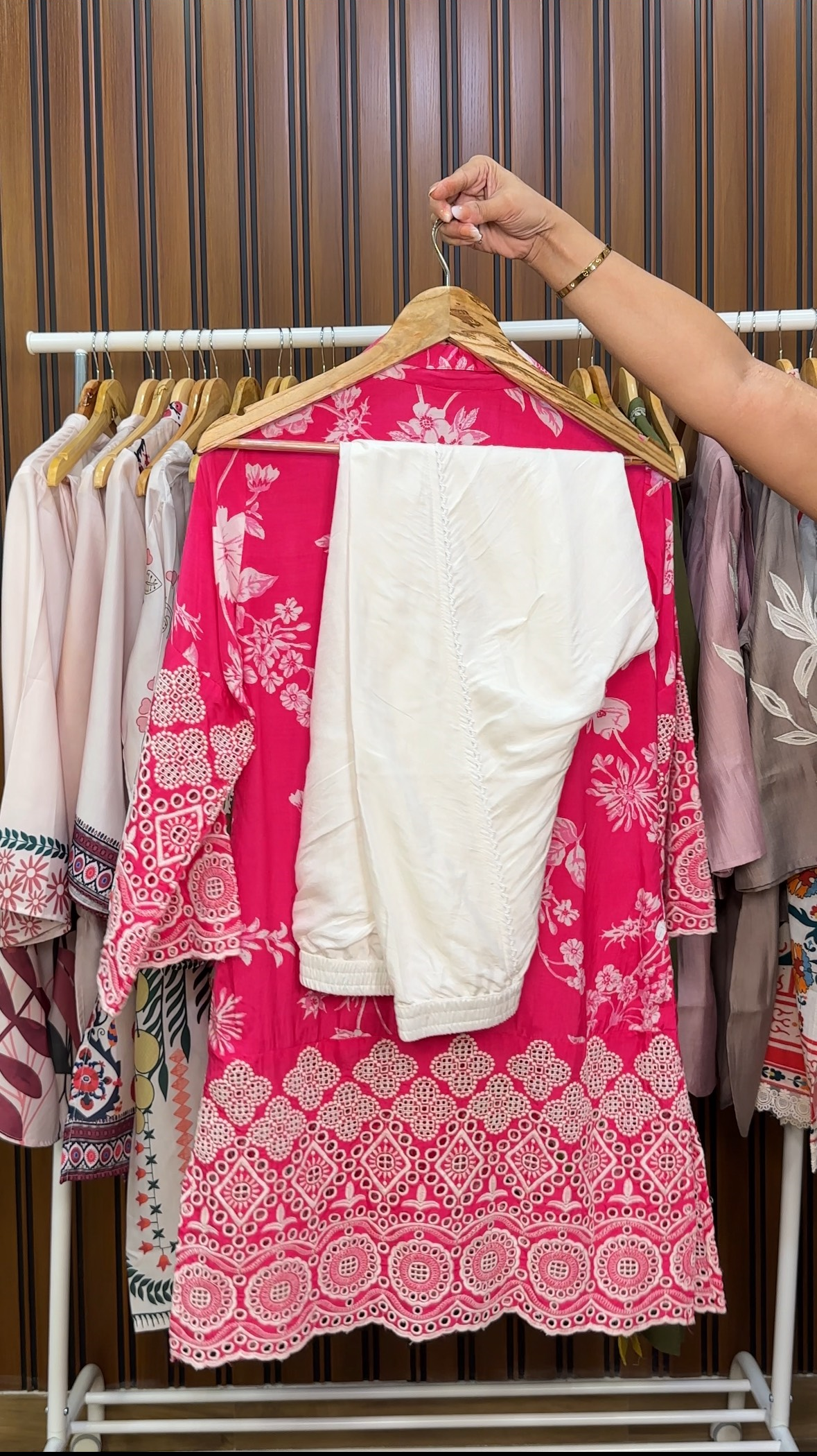 Pink floral printed schiffli work co-ord