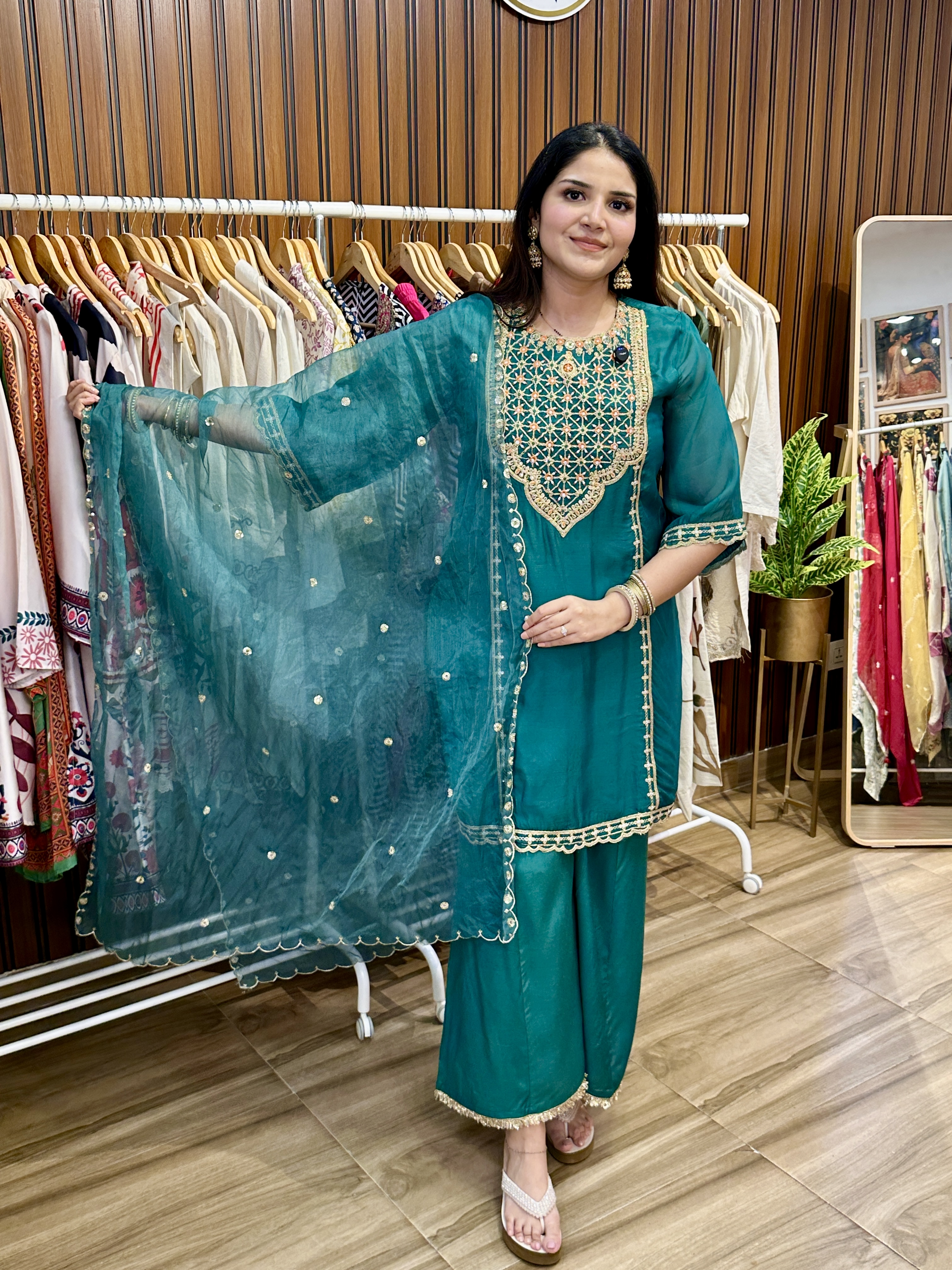 Emerald green three piece dupatta set