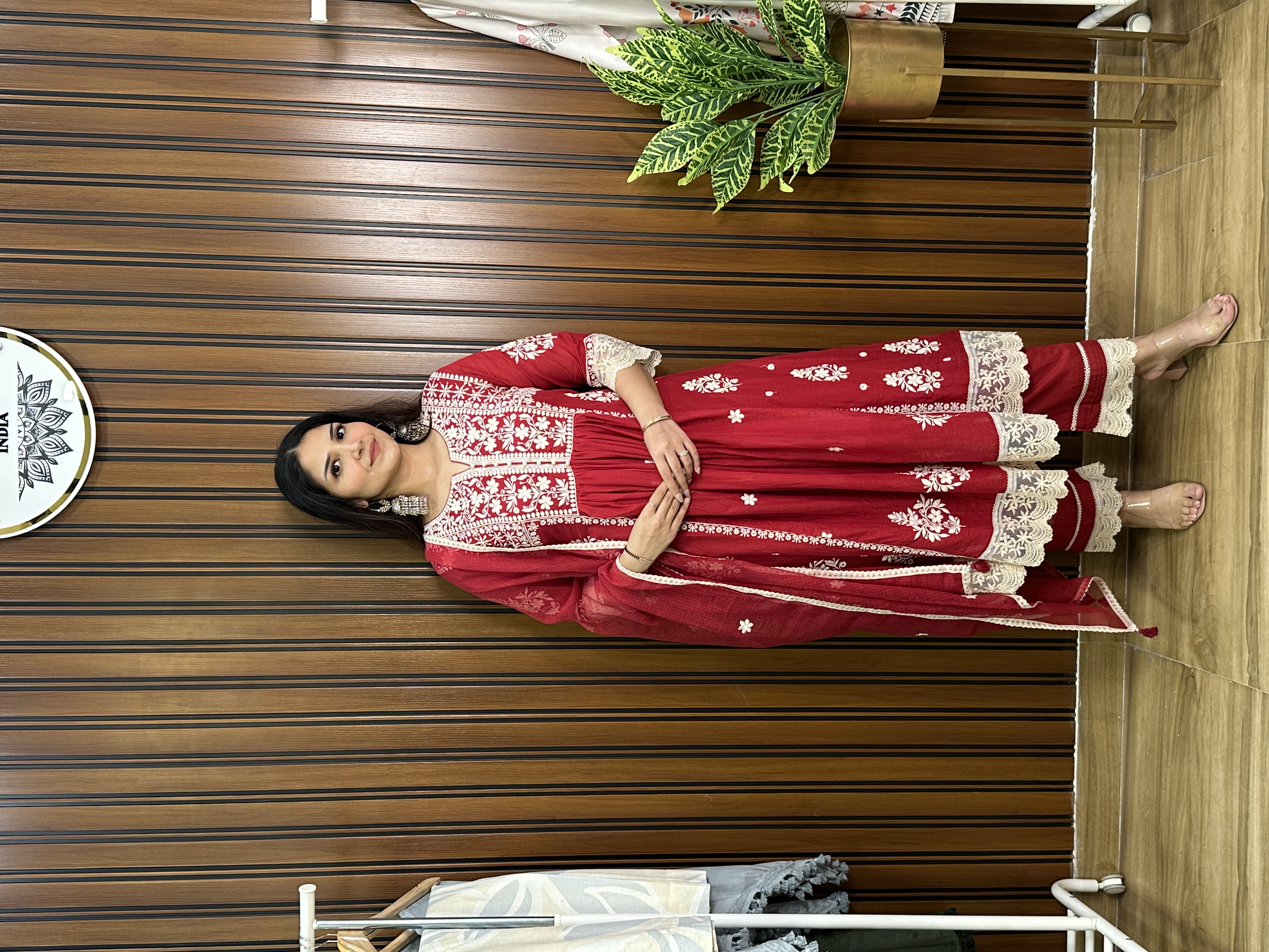  Red embroidered chikankari anarkali suit