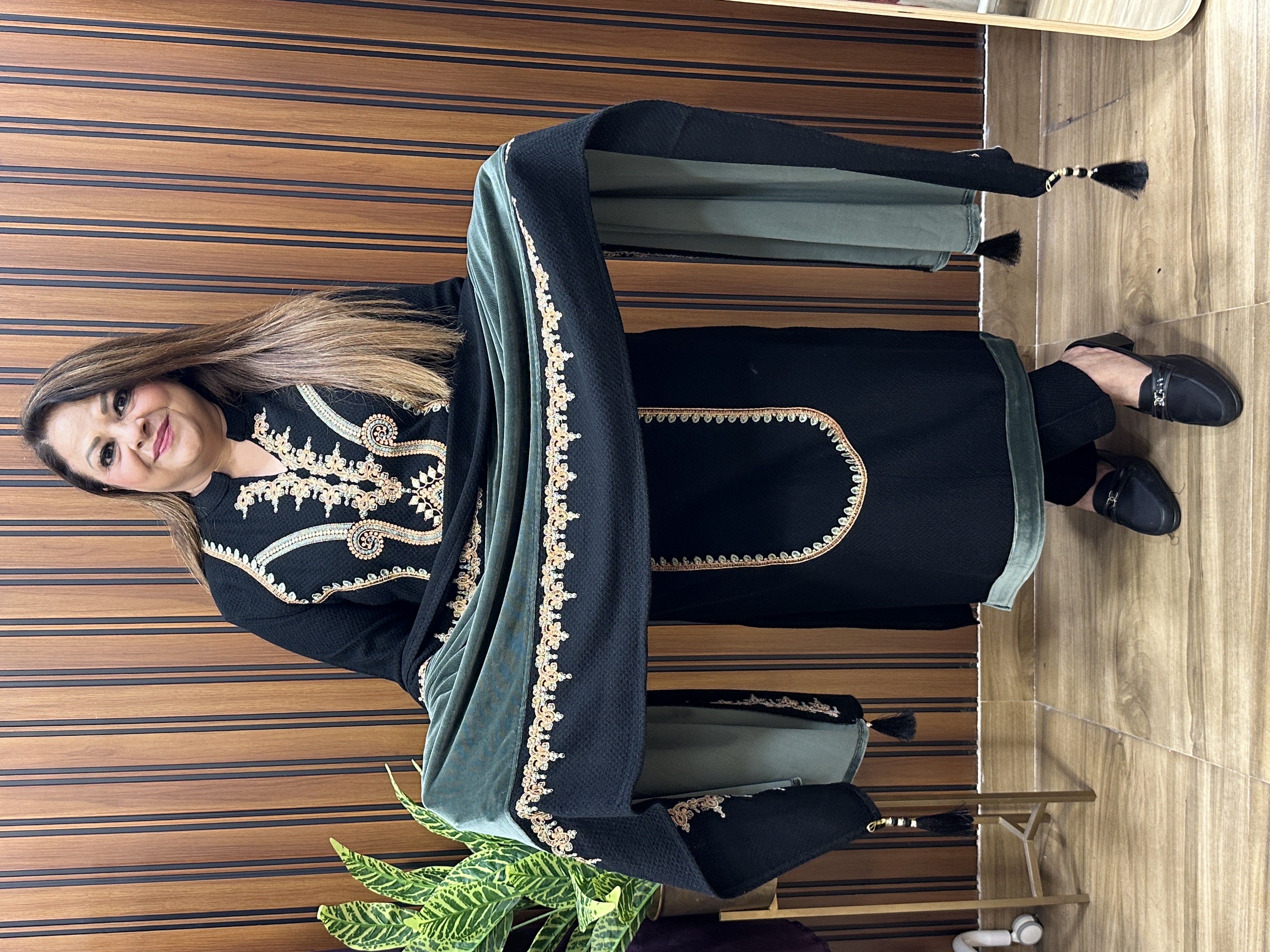 Emerald green and Black Woollen three piece dupatta set