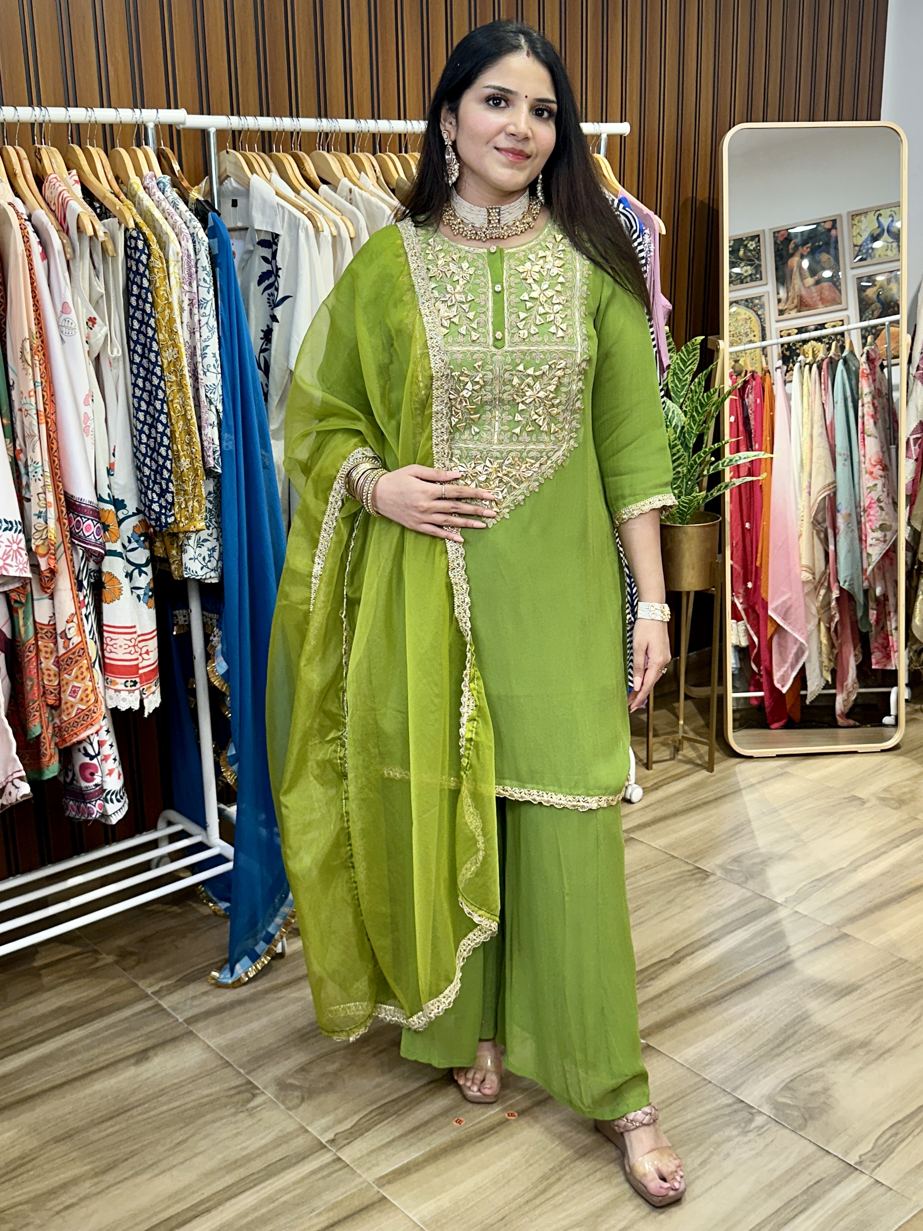 Green gota patti three piece set
