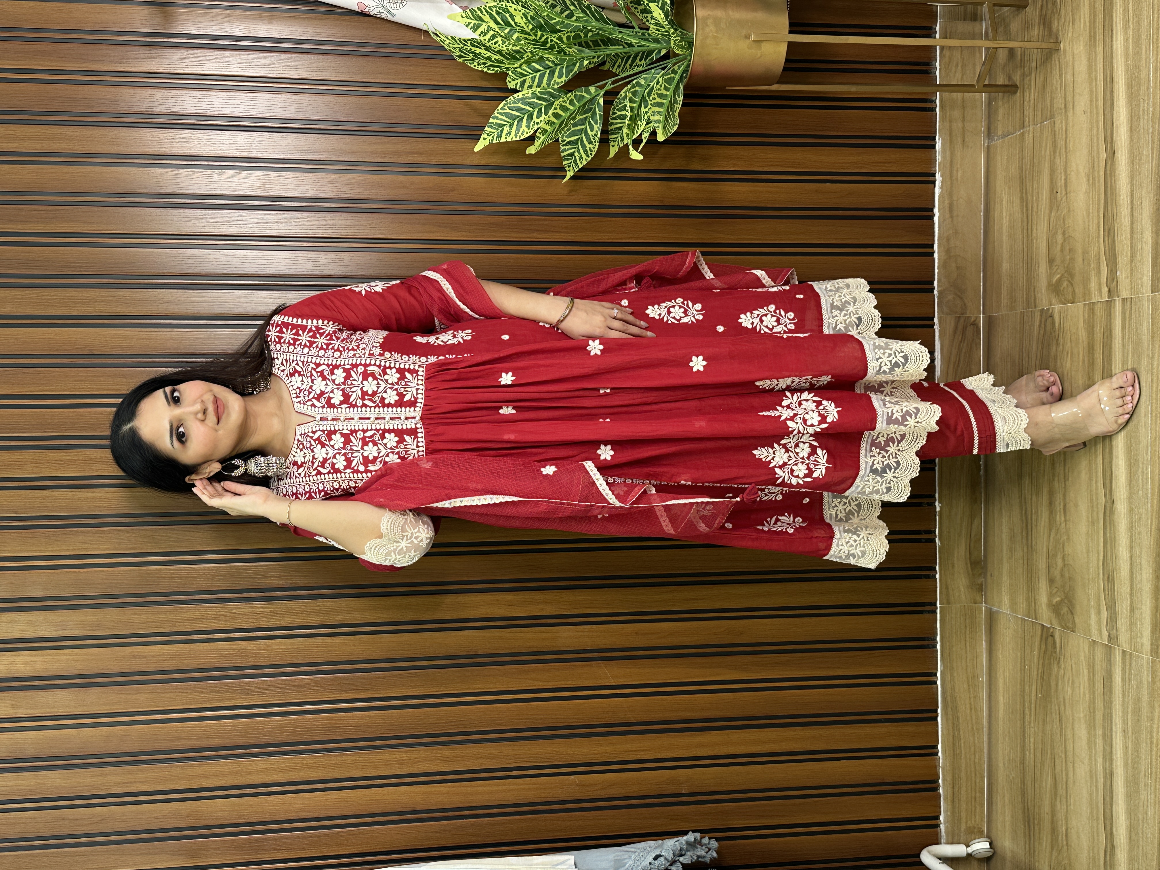  Red embroidered chikankari anarkali suit