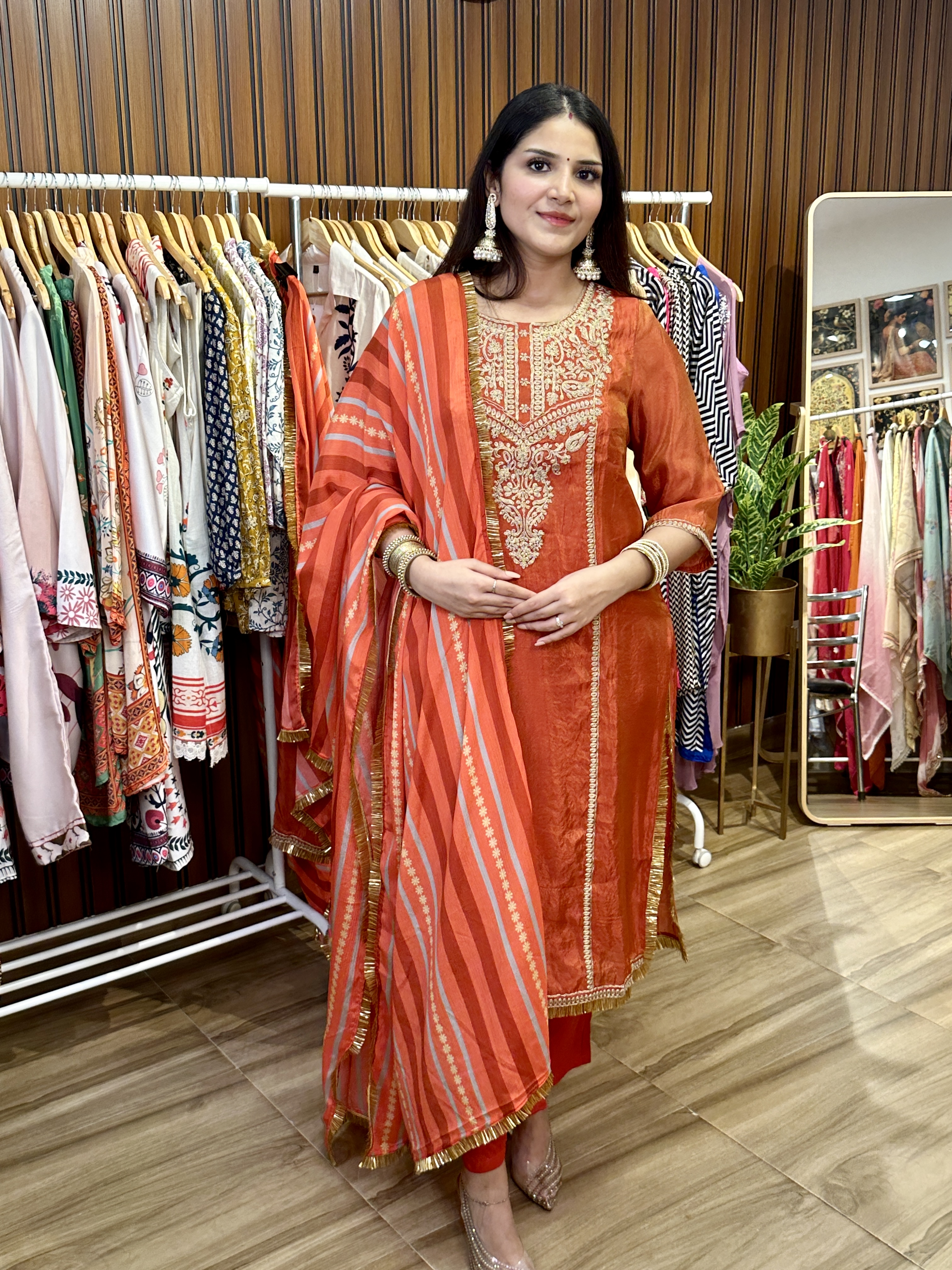 Rust embroidered three piece set