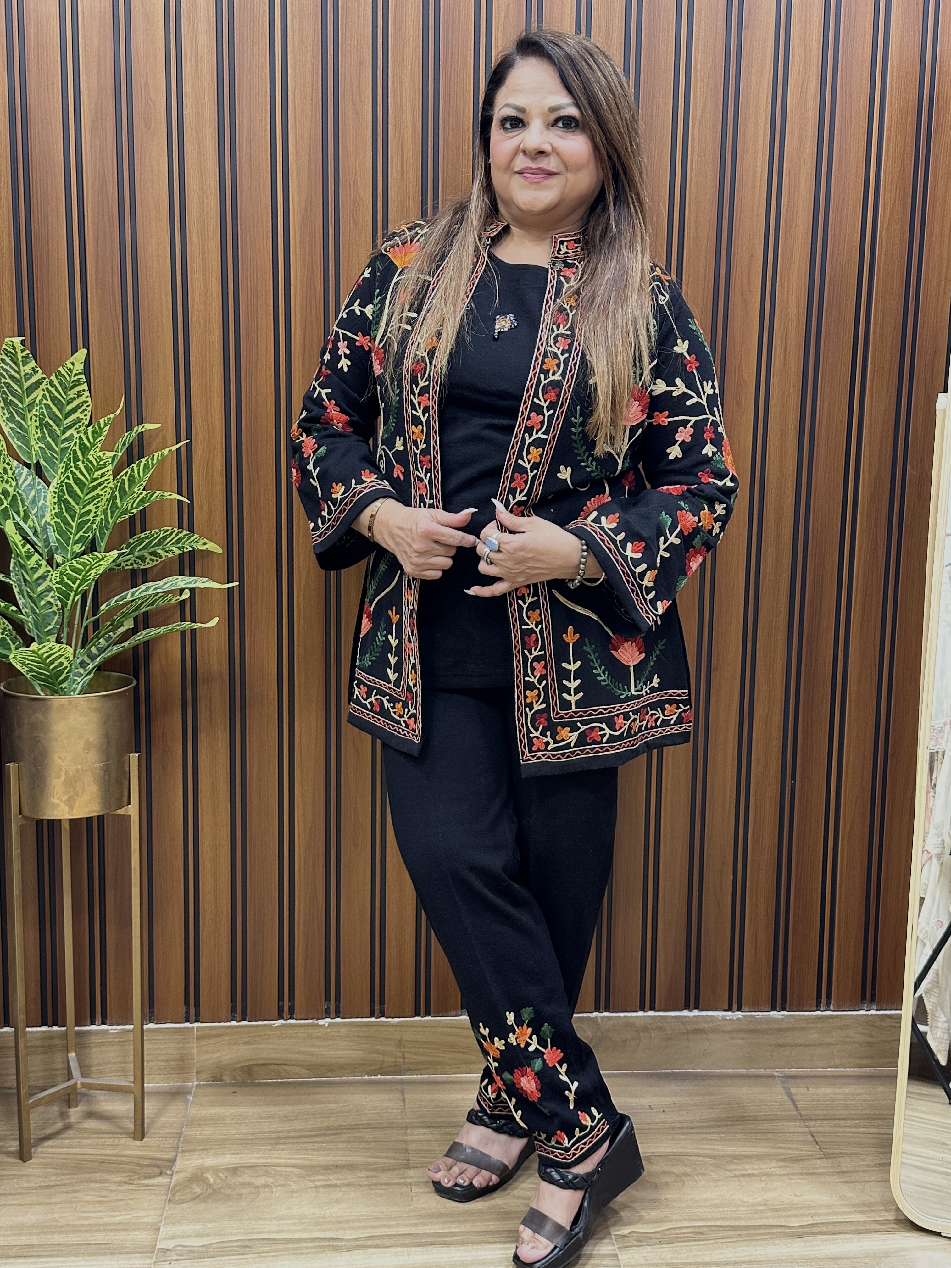 Kashmiri embroidery black three piece co ord set