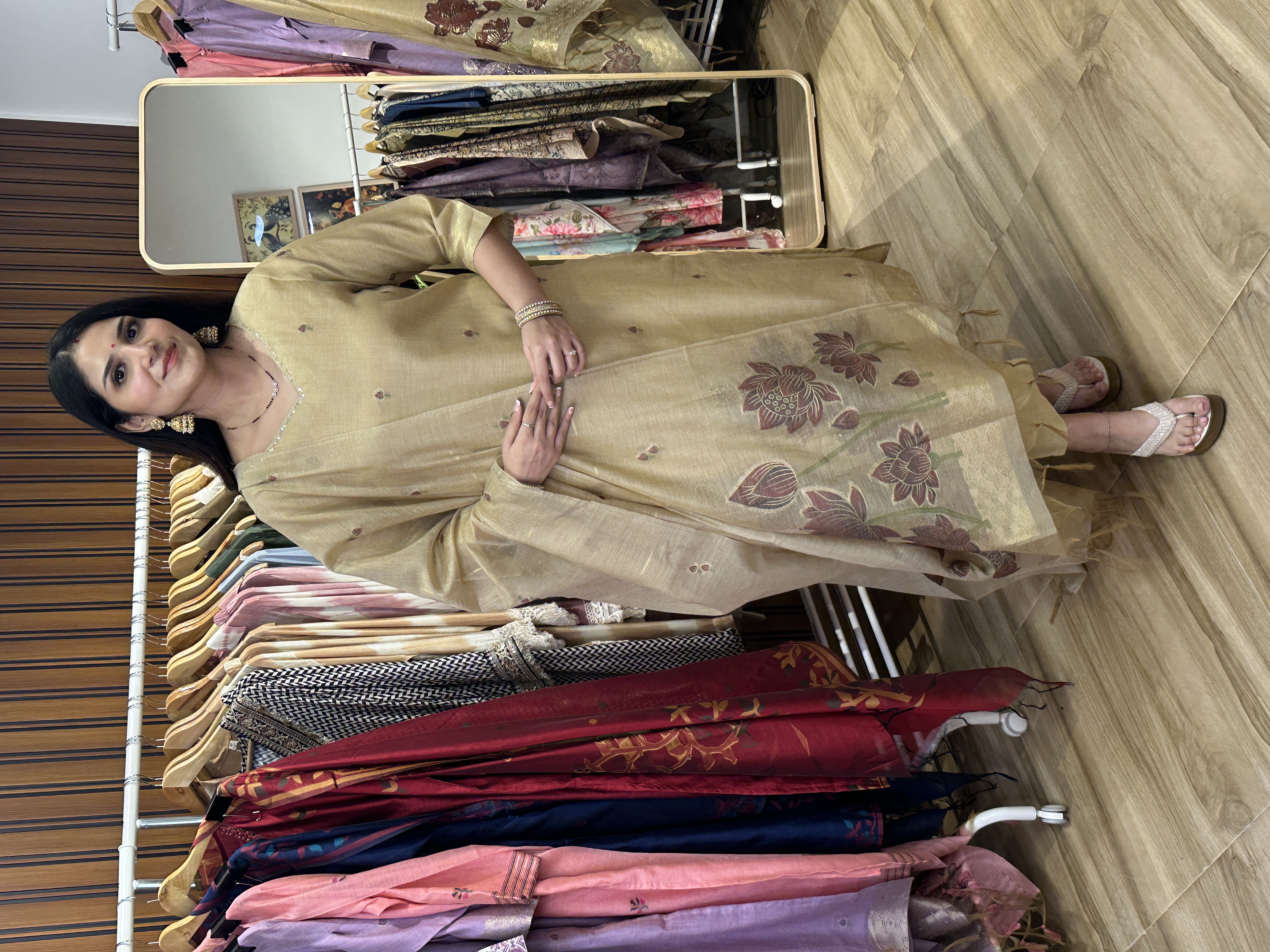 Beige lotus and cow jamdani three piece set