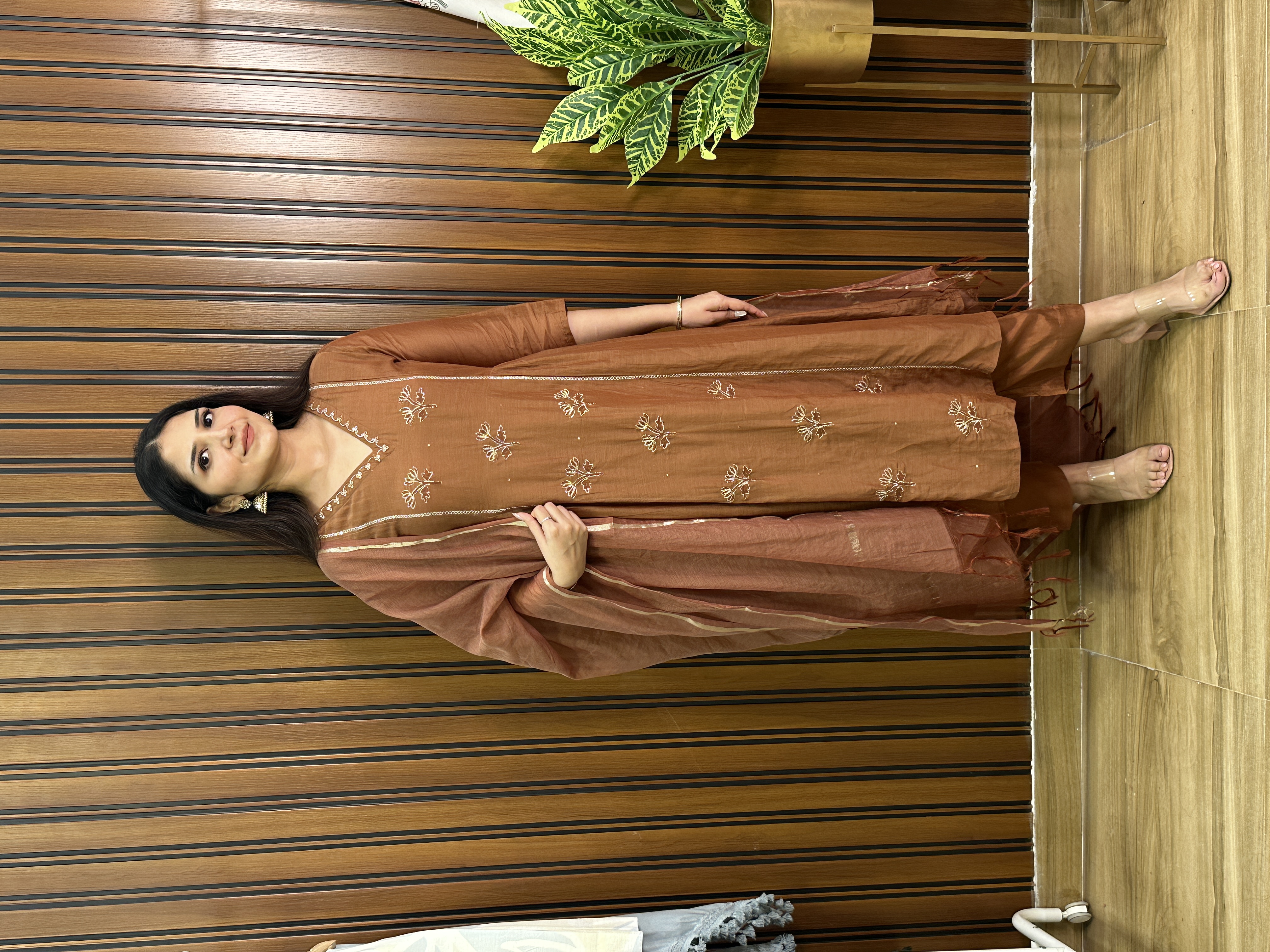 Brown three piece dupatta set