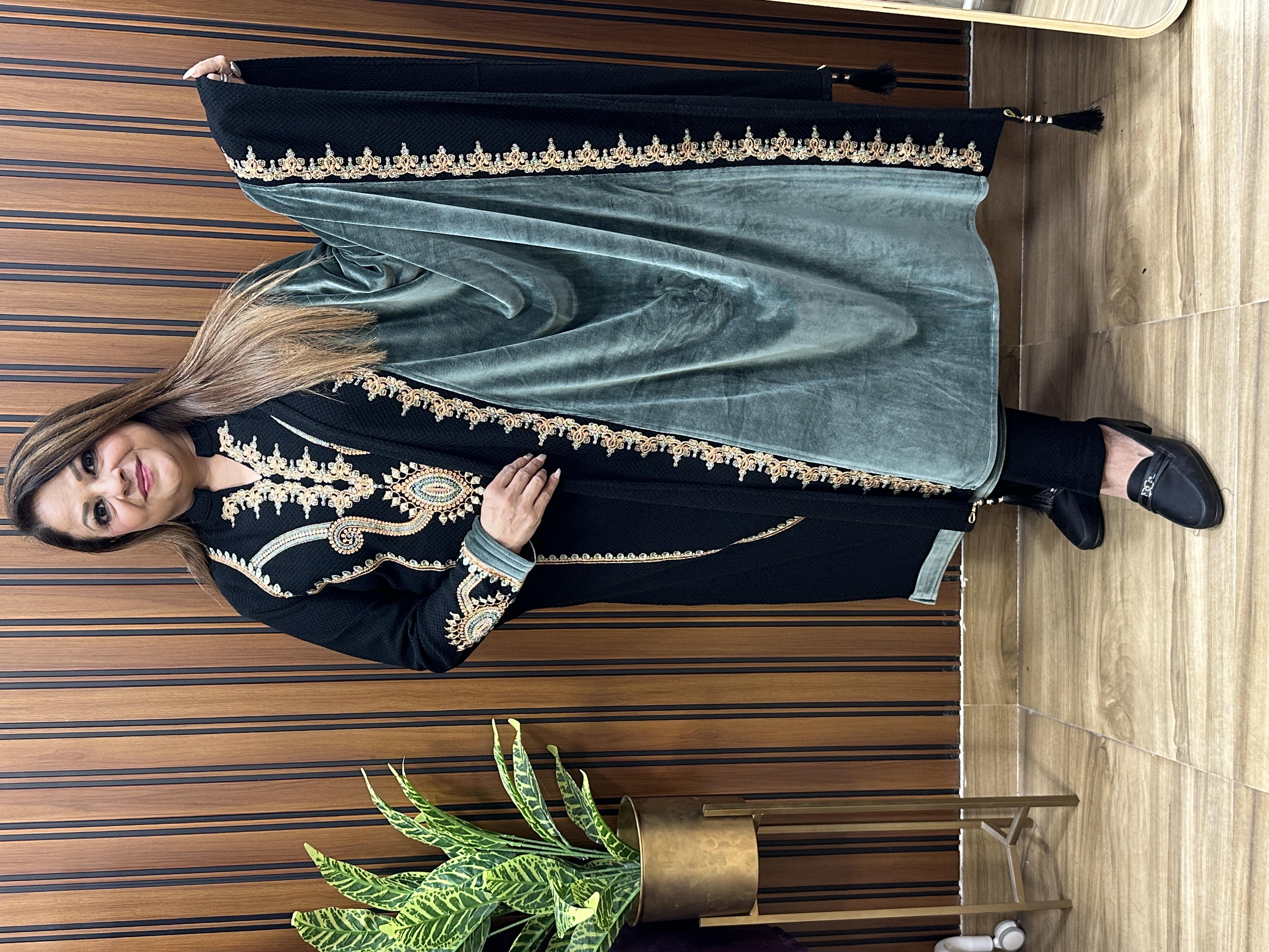 Emerald green and Black Woollen three piece dupatta set