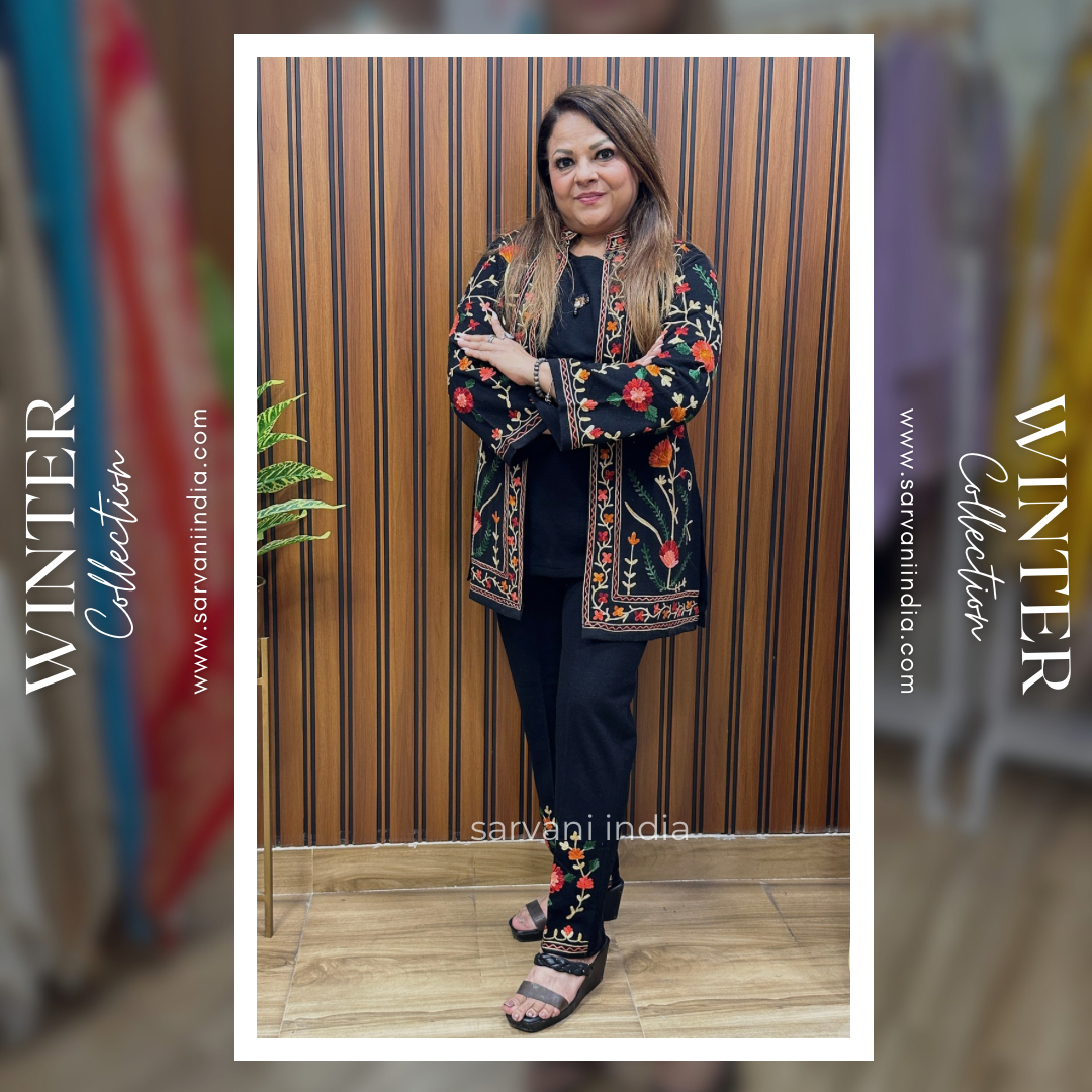 Kashmiri embroidery black three piece co ord set
