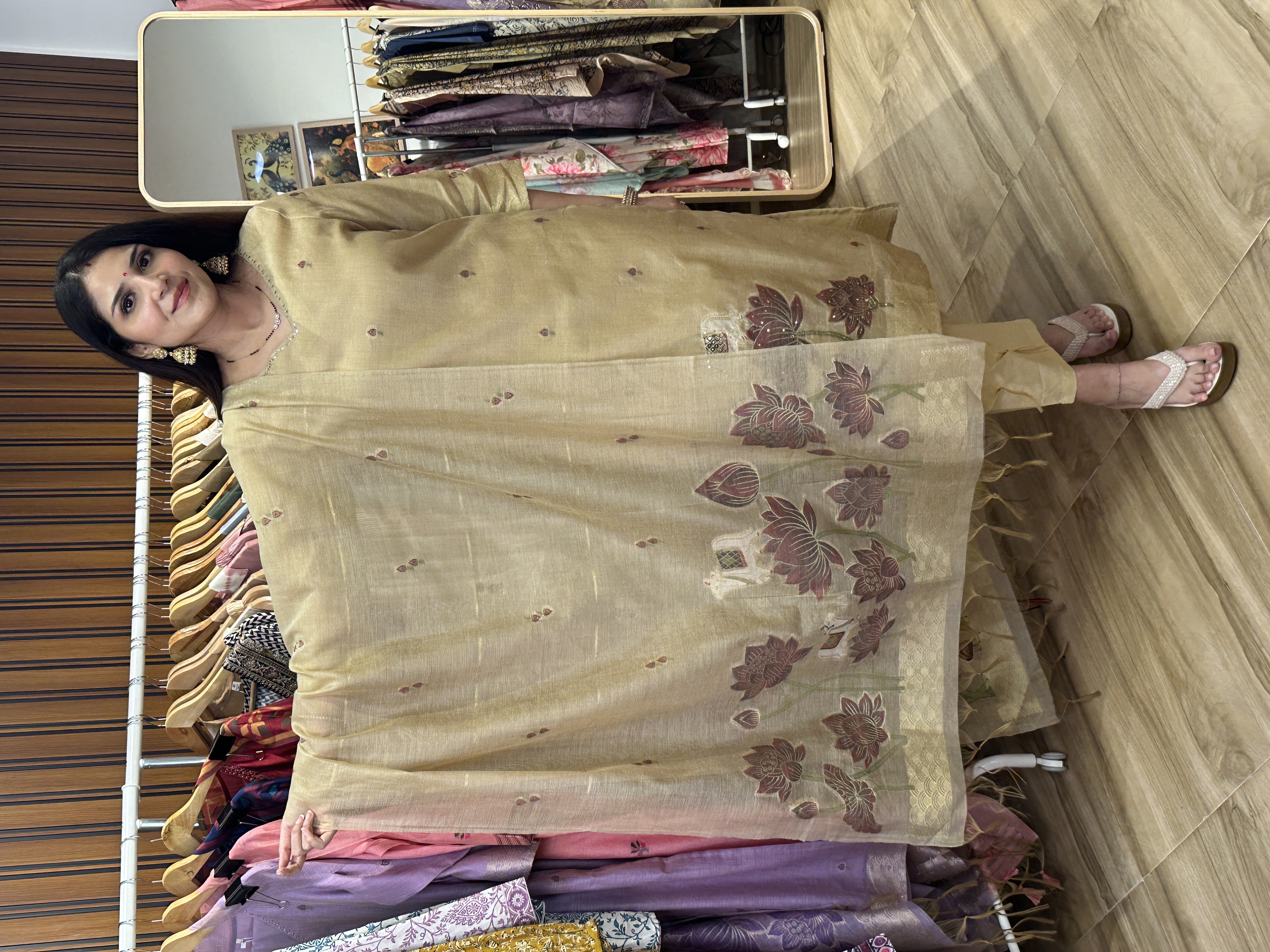 Beige lotus and cow jamdani three piece set