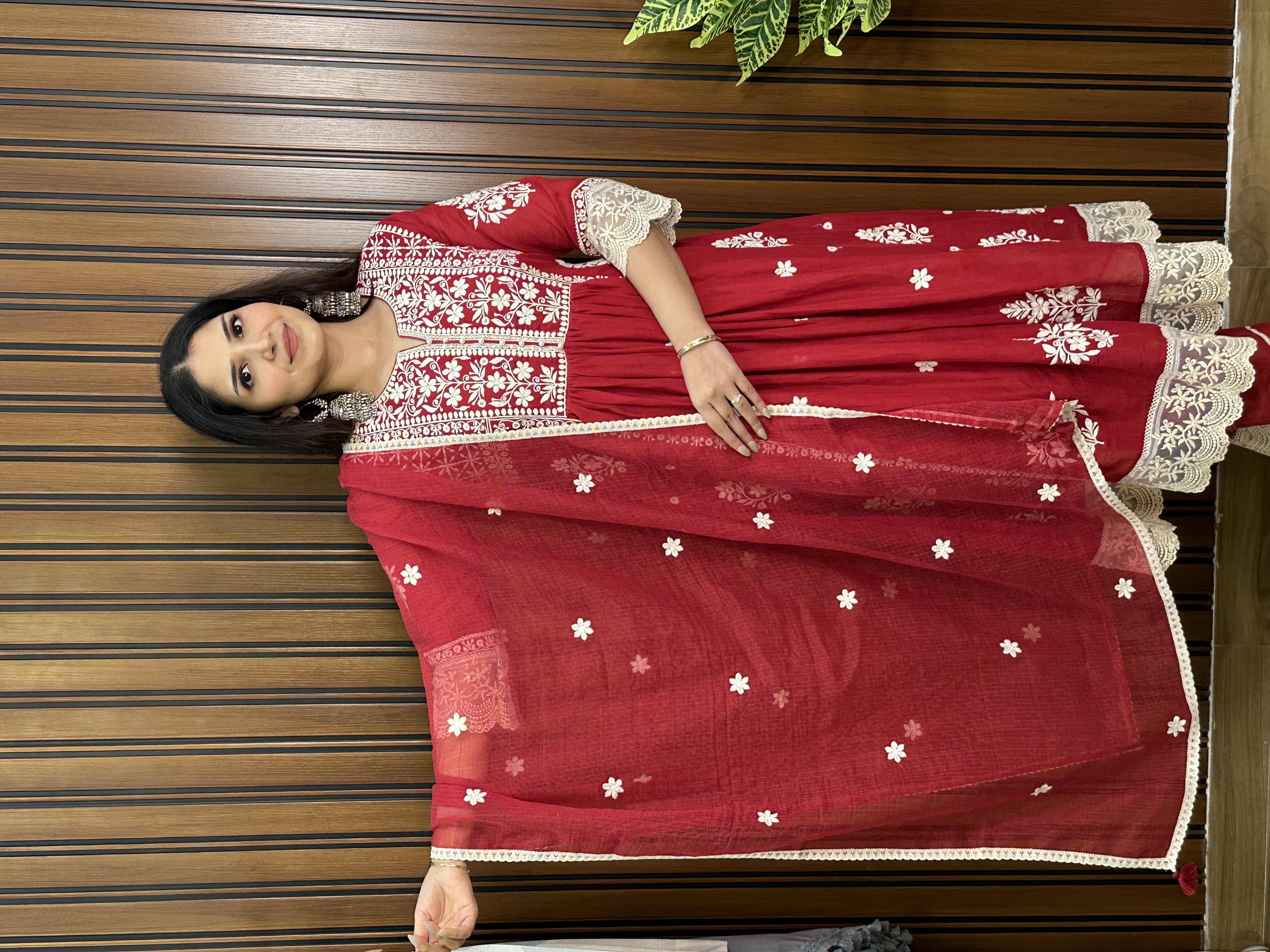  Red embroidered chikankari anarkali suit