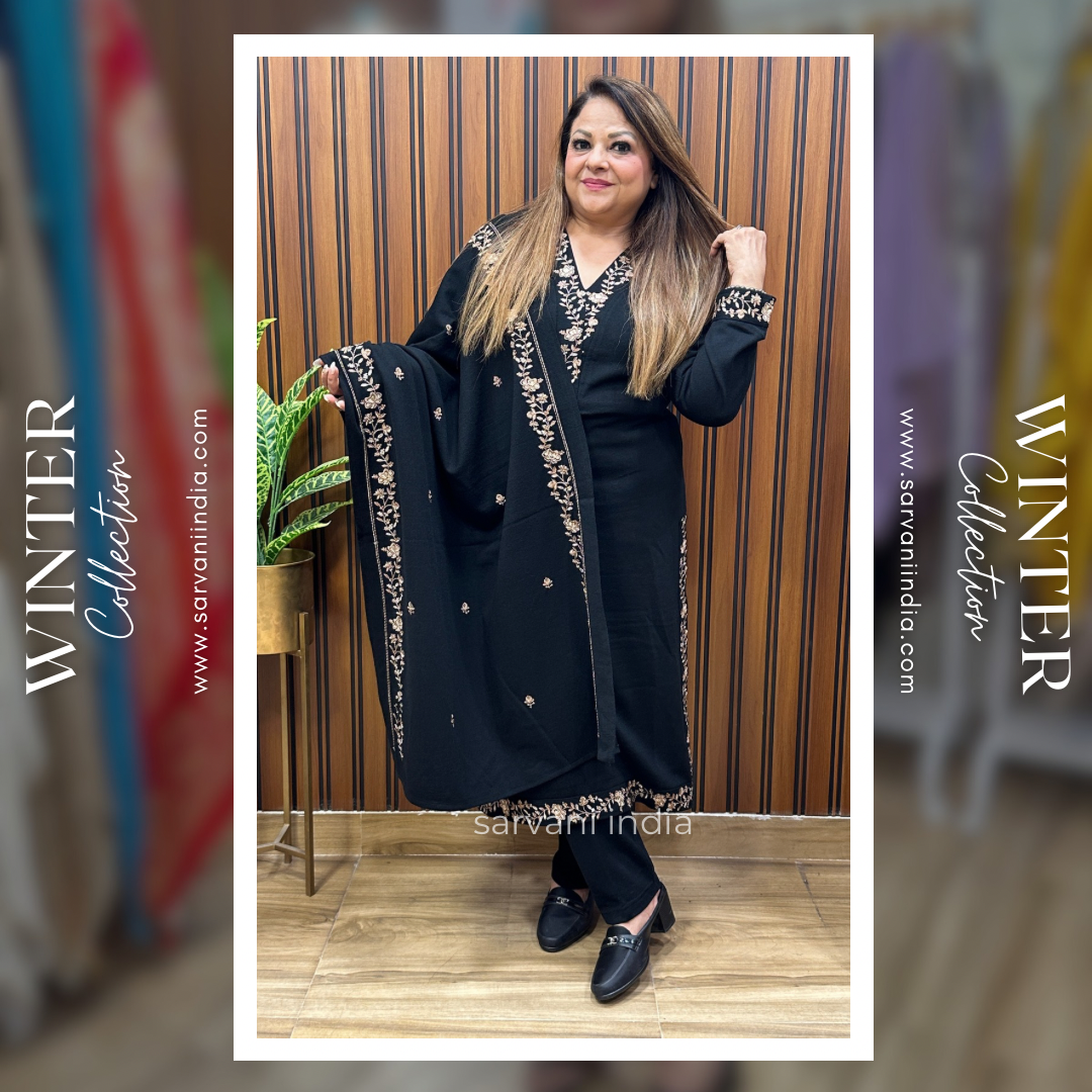  Black Embroidered Shawl Suit set