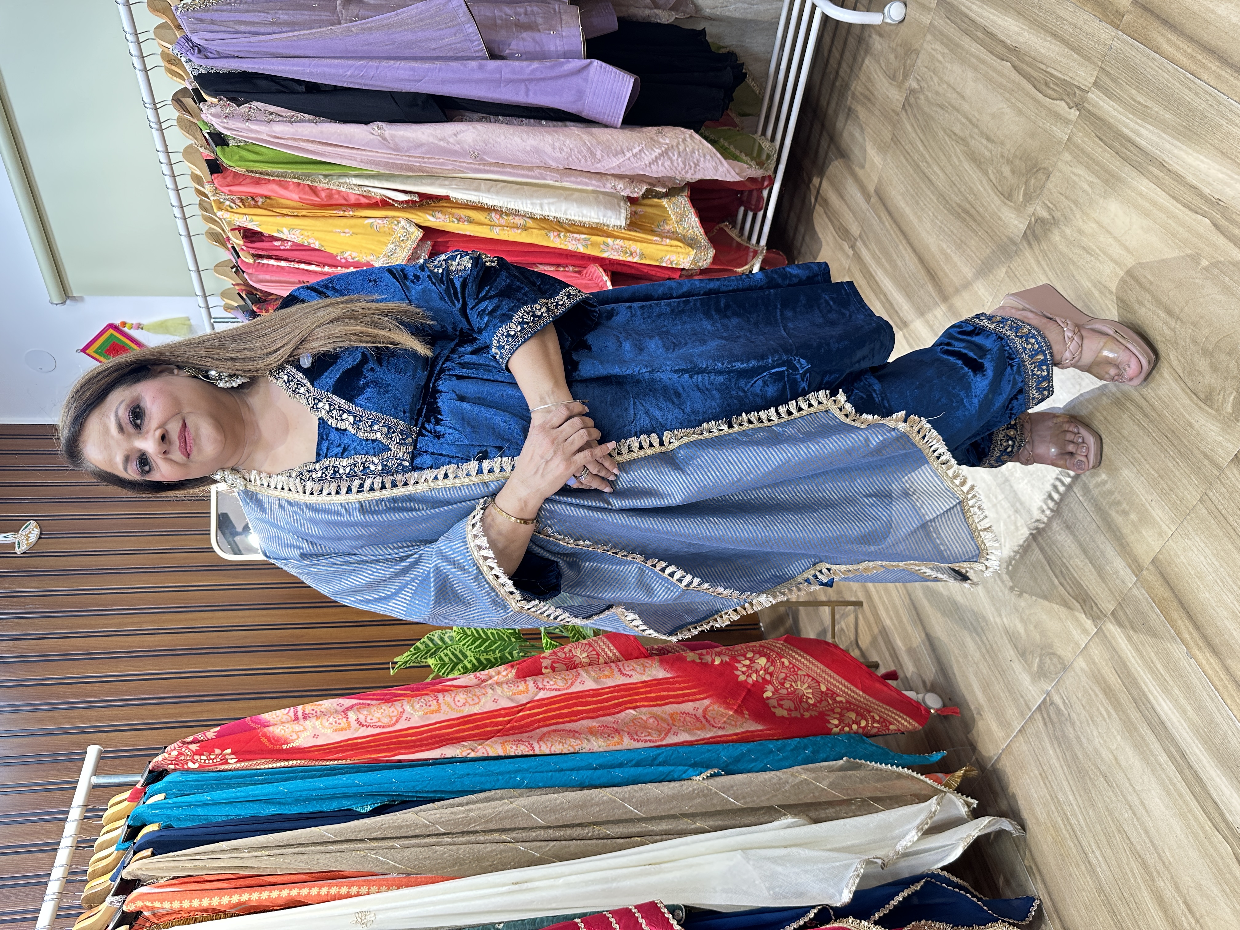 Blue Velvet stripes dupatta set