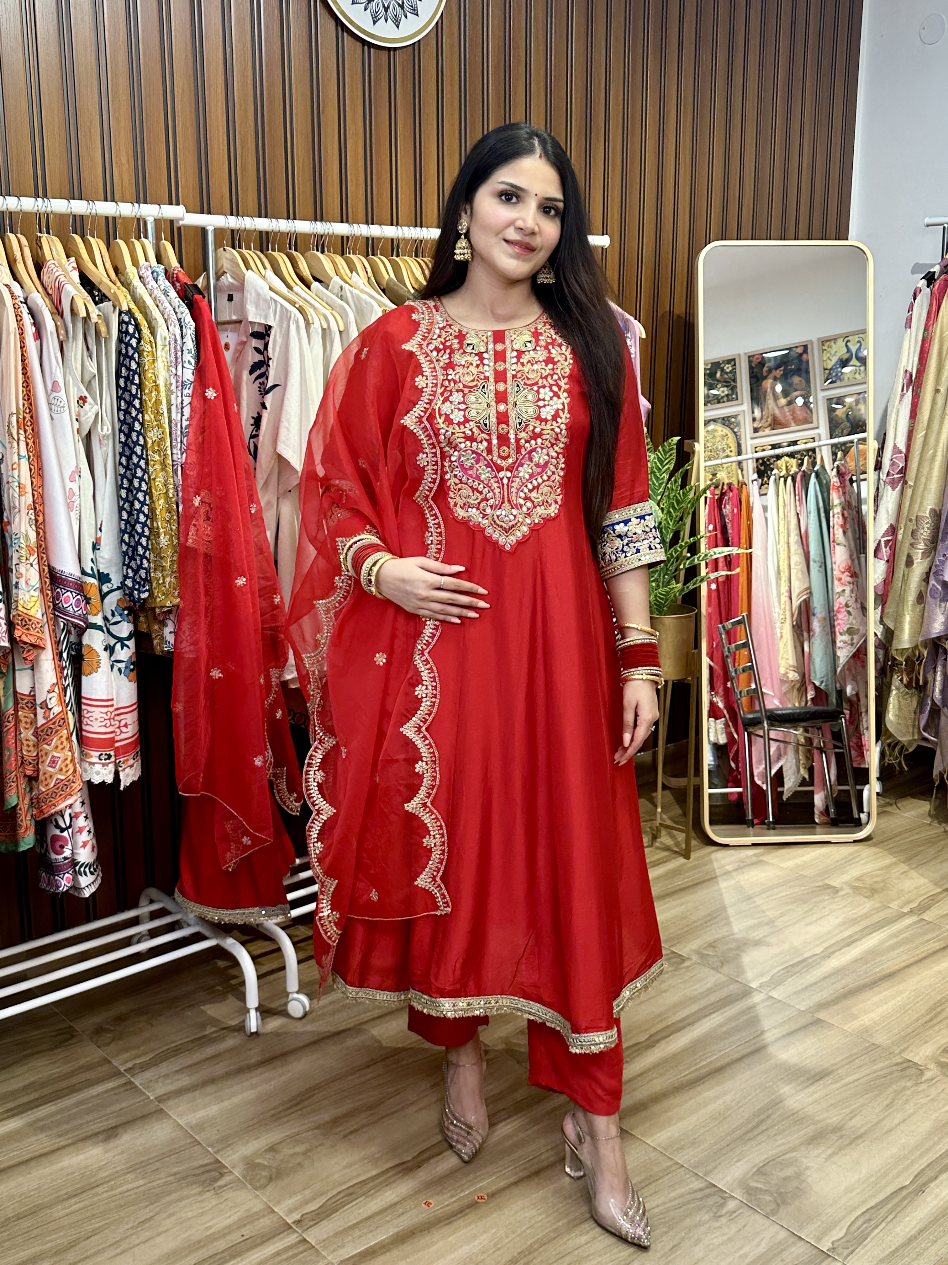 Red embroidered anarkali three piece set