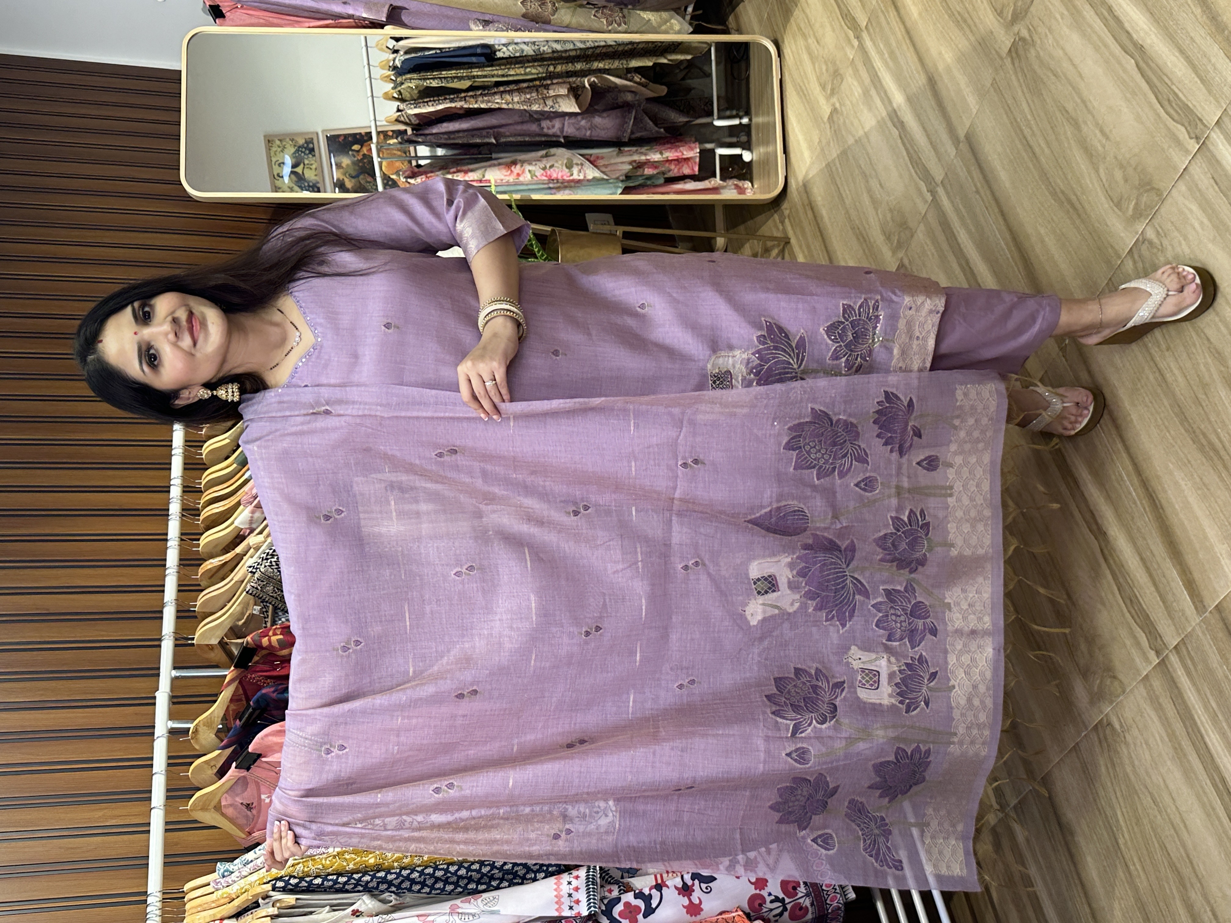 Lavender lotus and cow jamdani three piece set