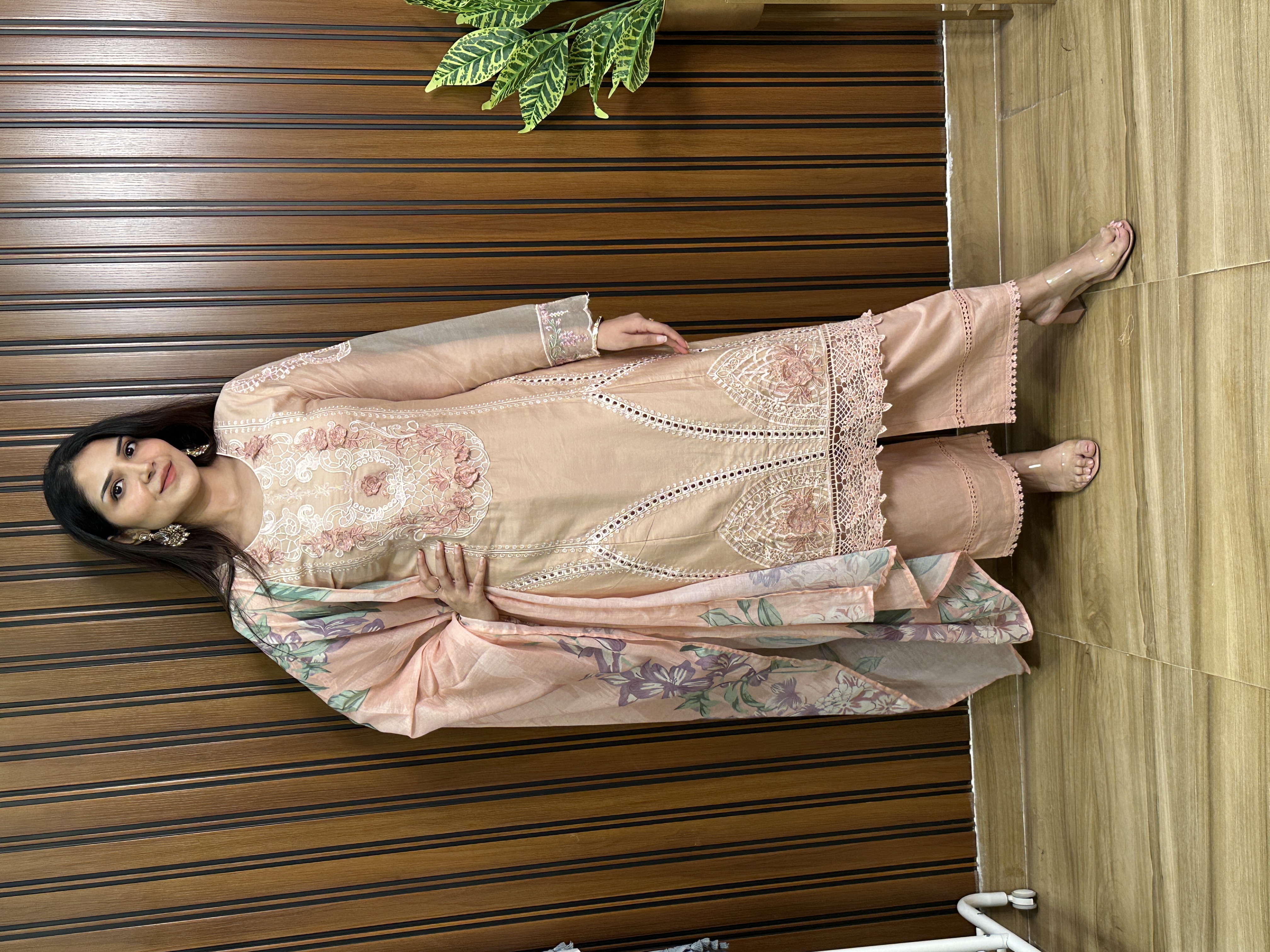 Peach Embroidered three piece Suit