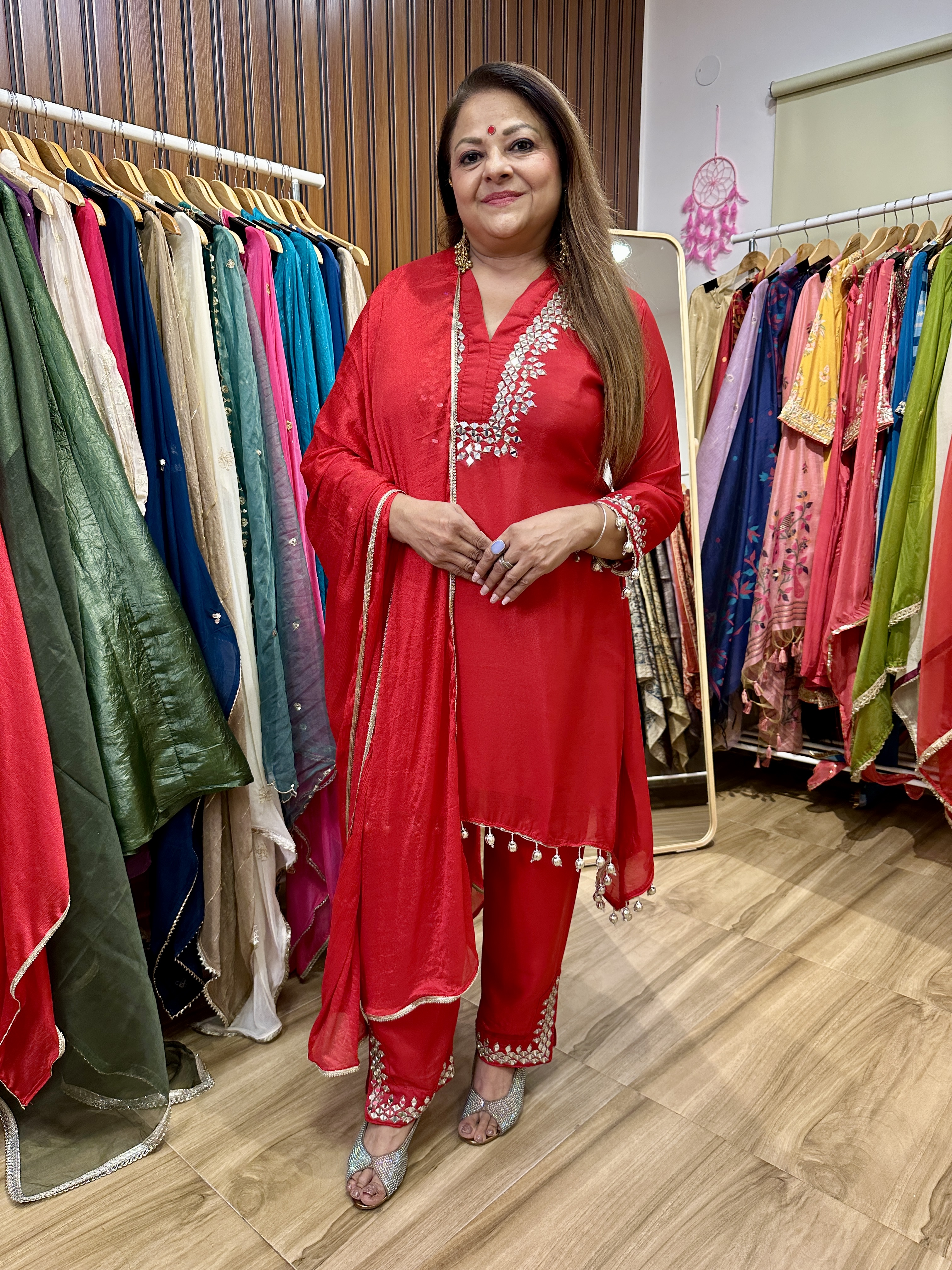 Red Embroidered and mirror three piece Set
