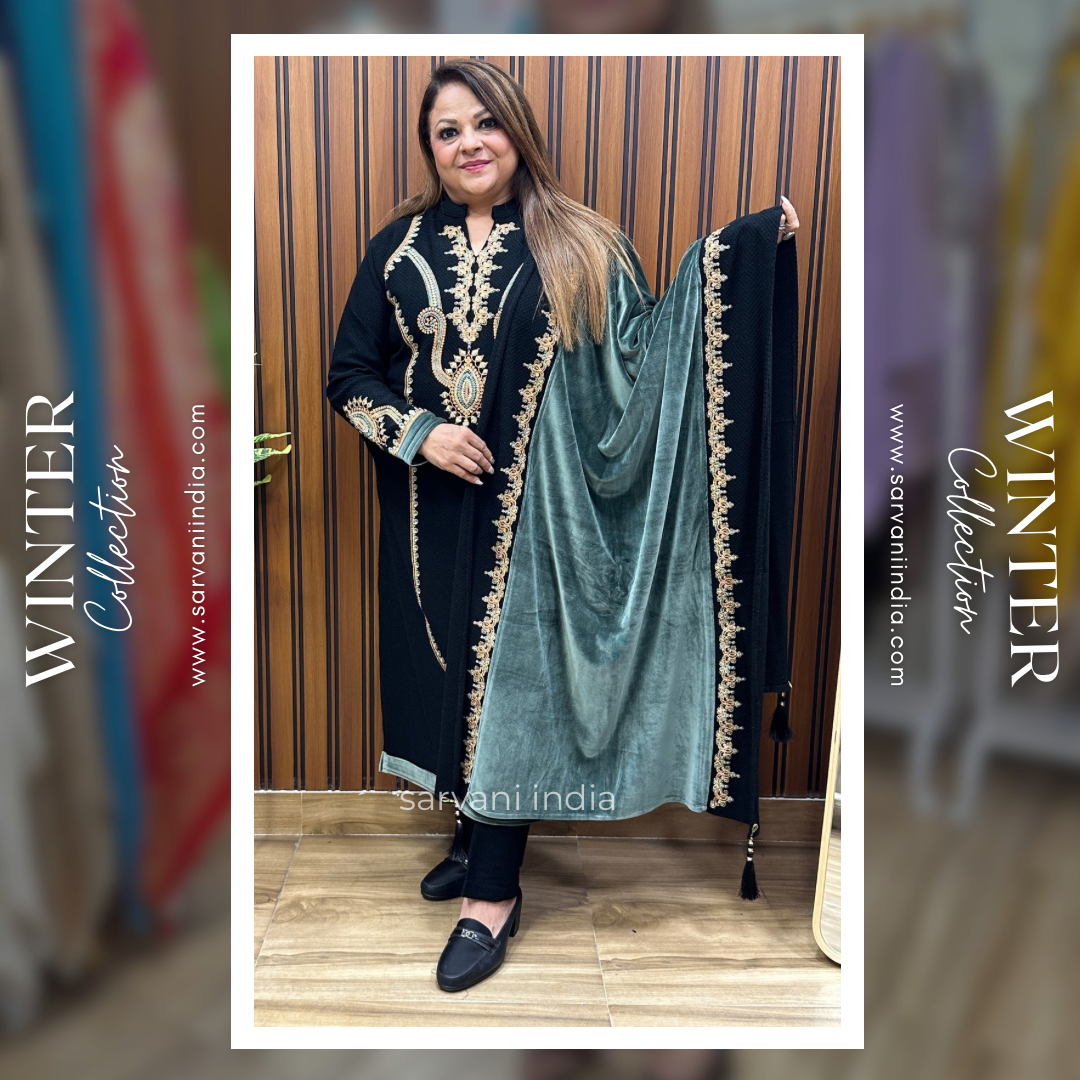 Emerald green and Black Woollen three piece dupatta set