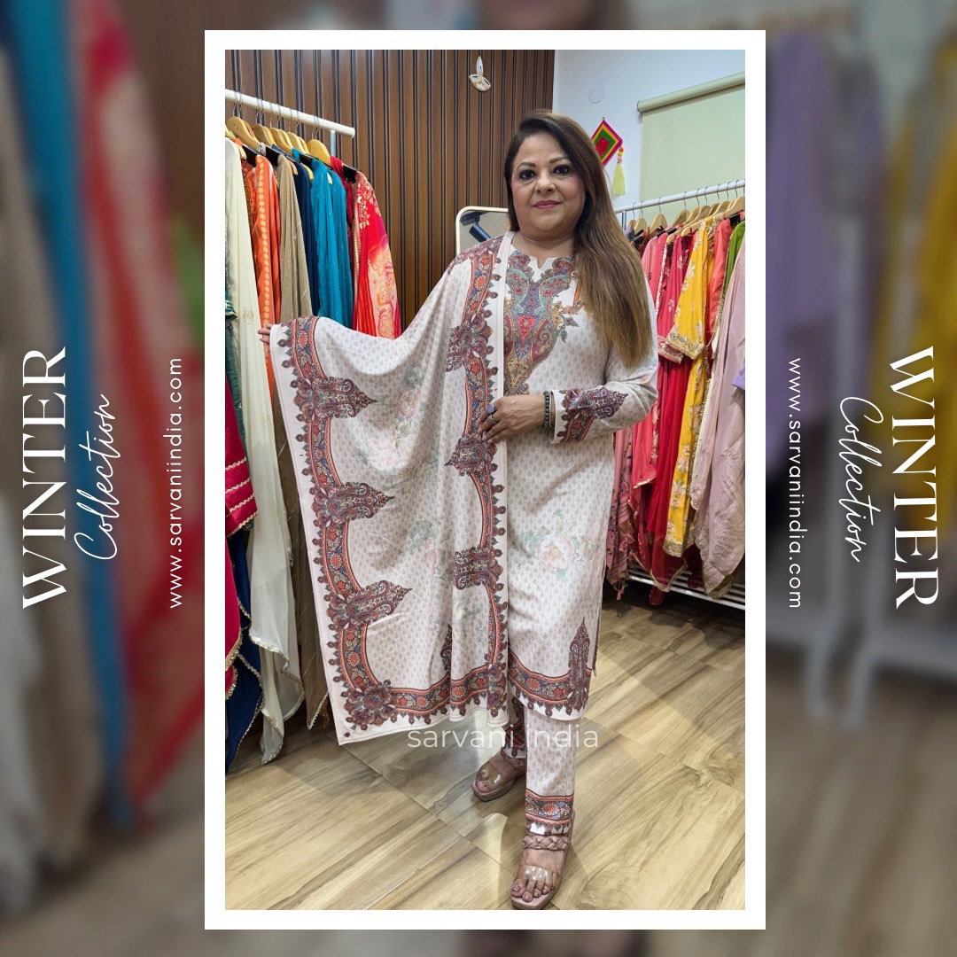 White Printed Velvet three piece set