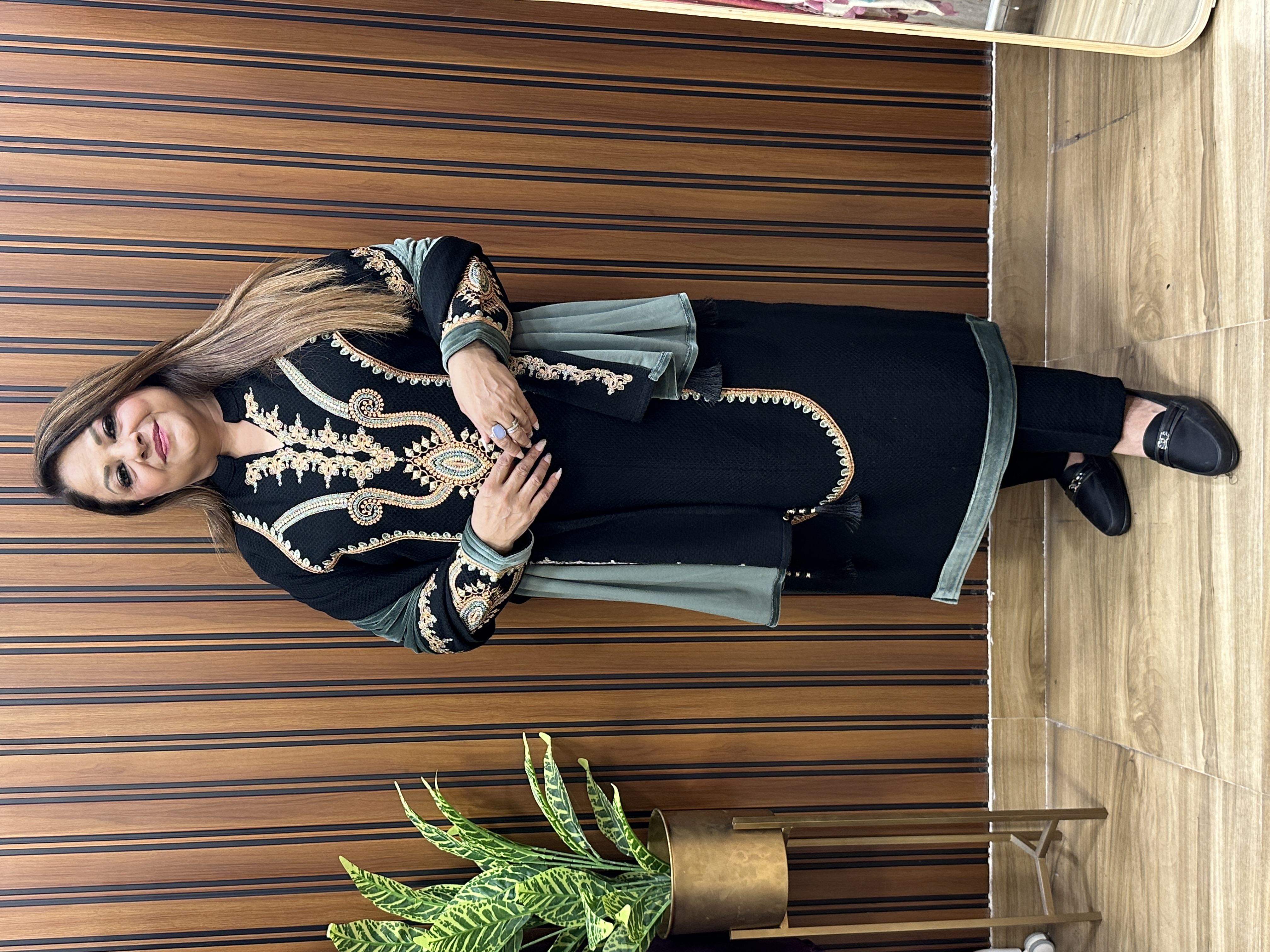 Emerald green and Black Woollen three piece dupatta set