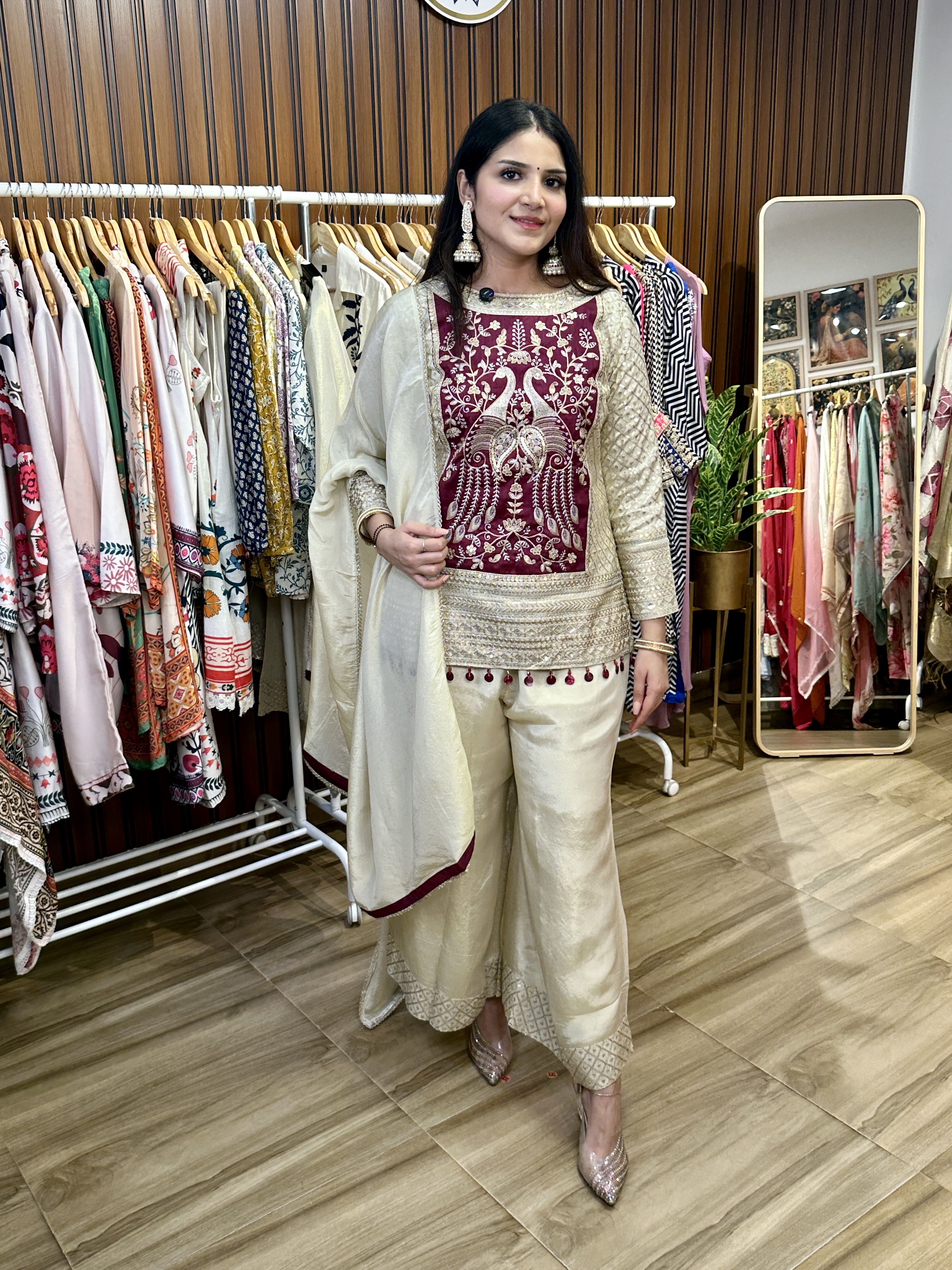Cream and Maroon embroidered 3-Piece Traditional Suit