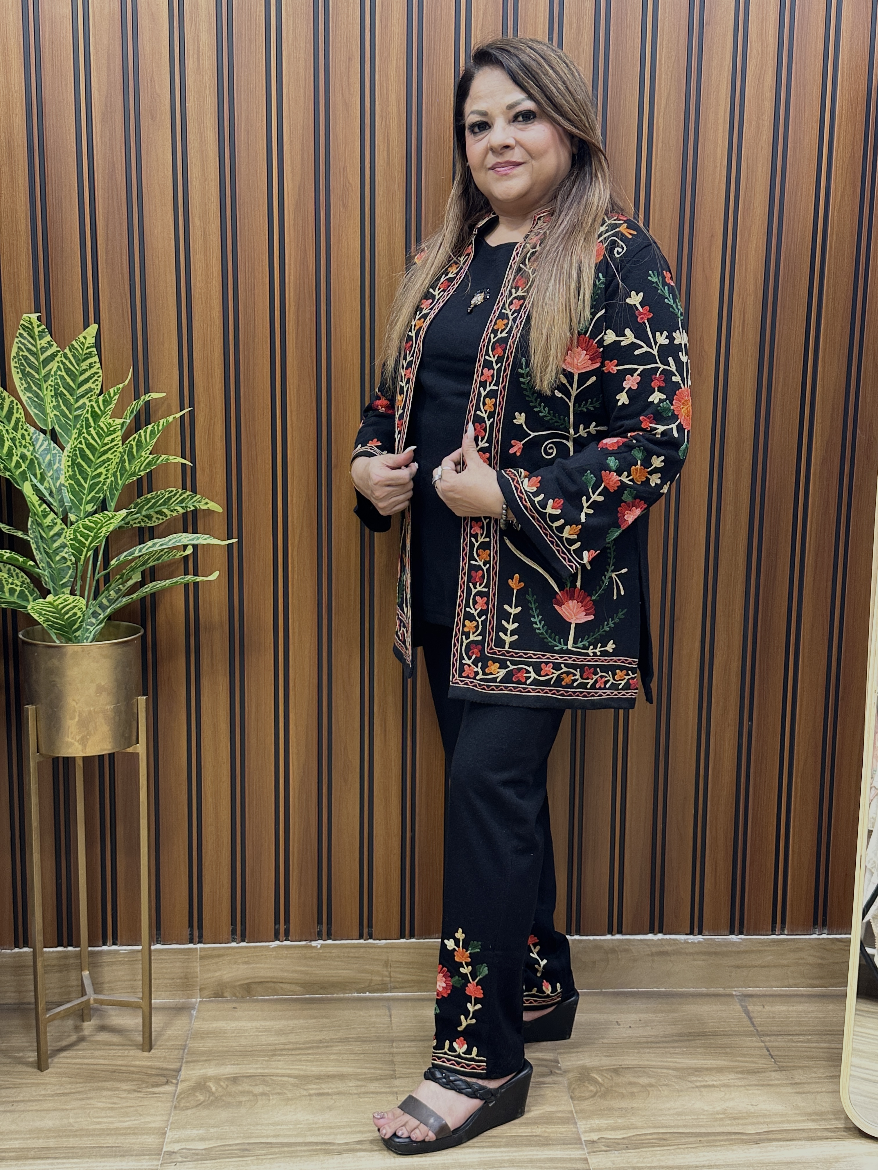 Kashmiri embroidery black three piece co ord set