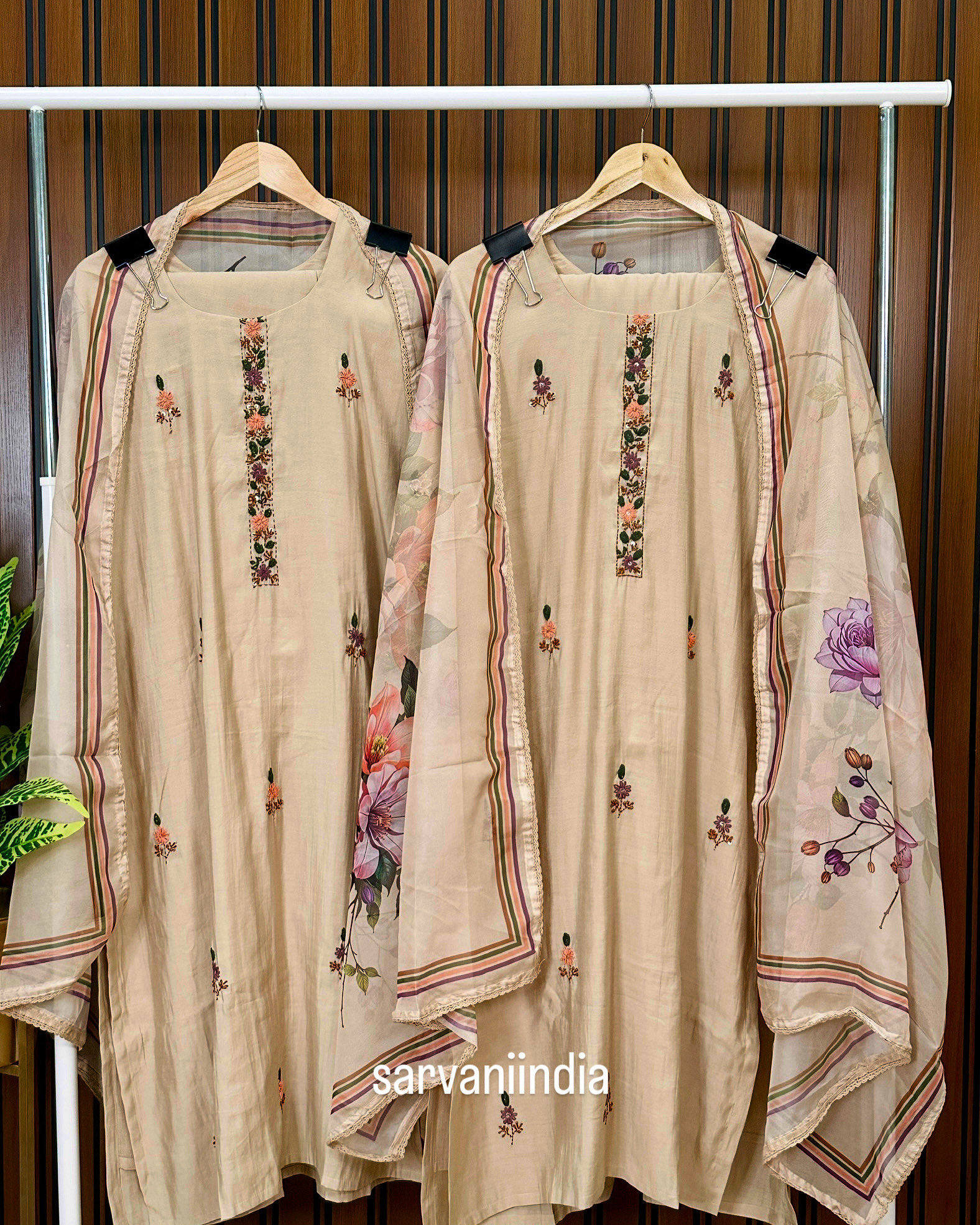 Cream Kantha work Embroidered three piece set