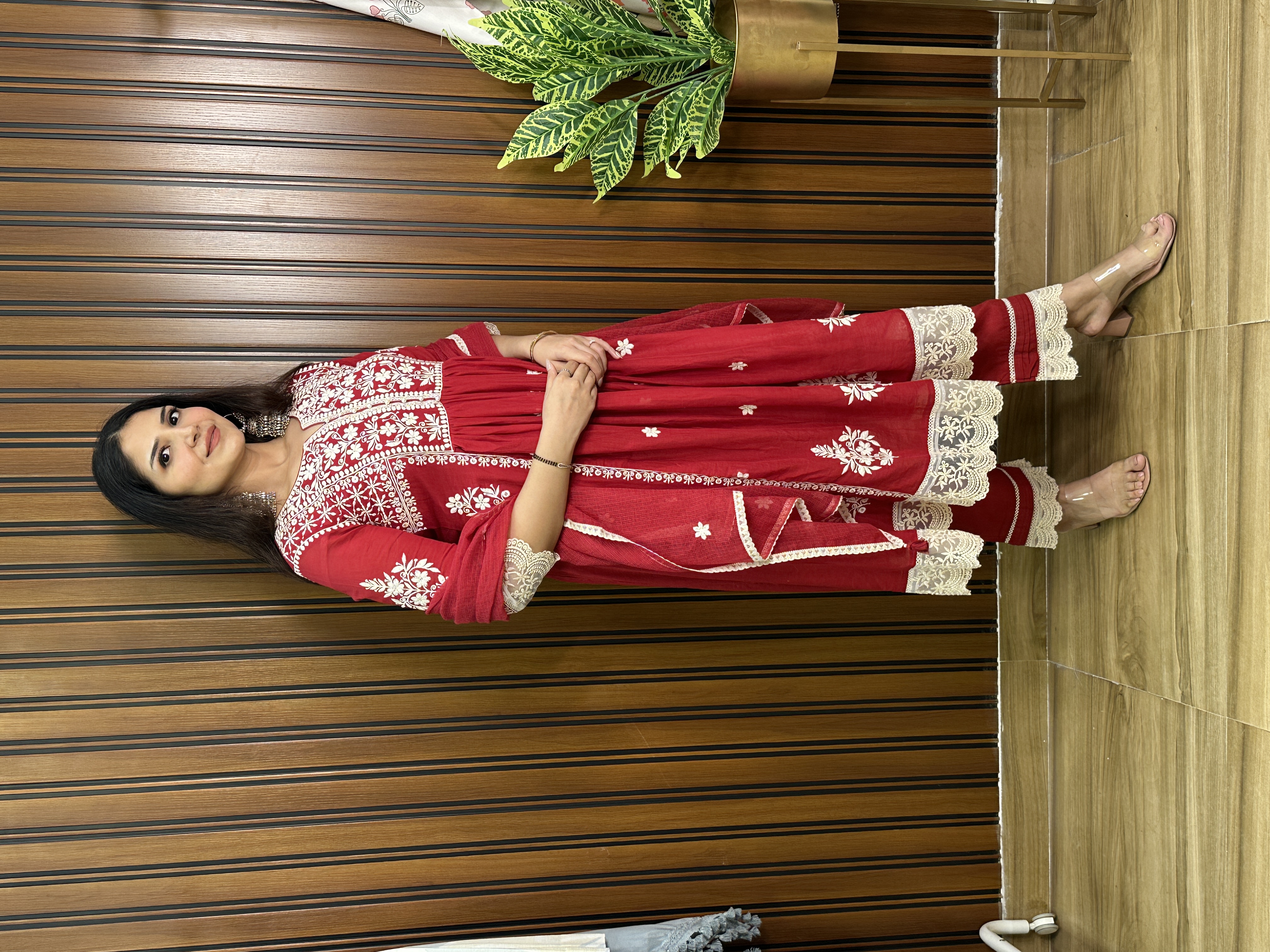  Red embroidered chikankari anarkali suit