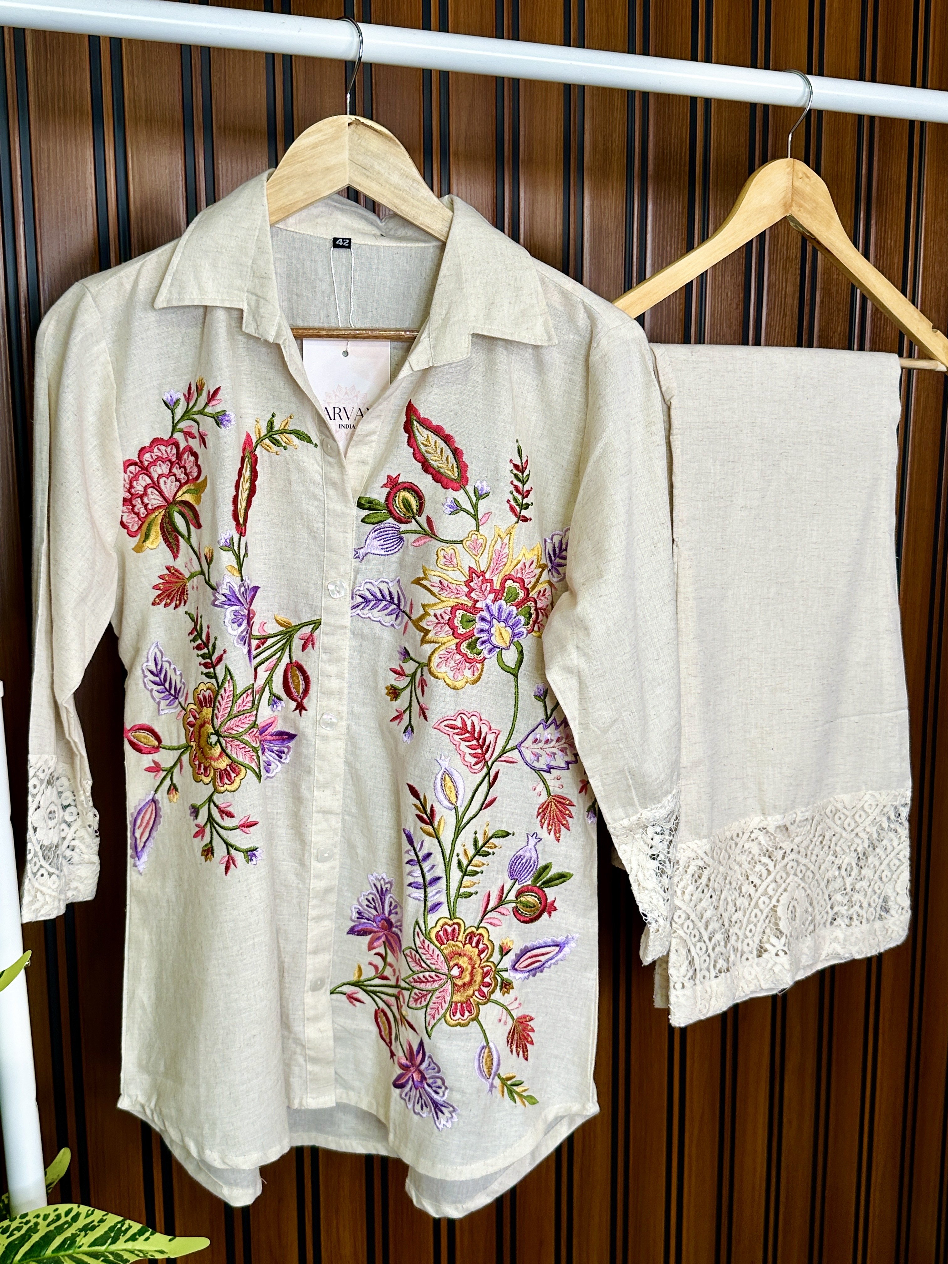 multicolored floral embroidered linen co-ord set