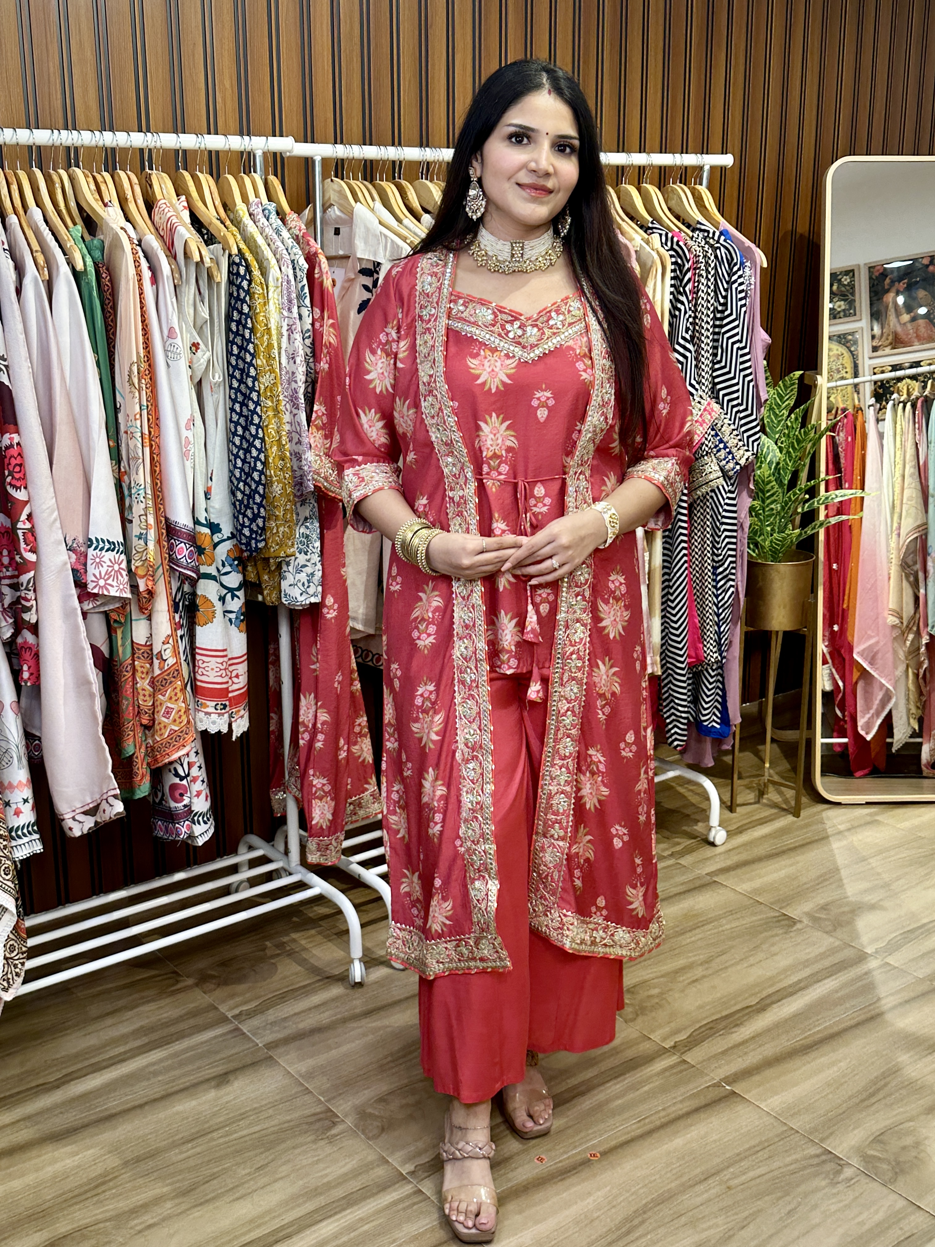Red floral three piece dress