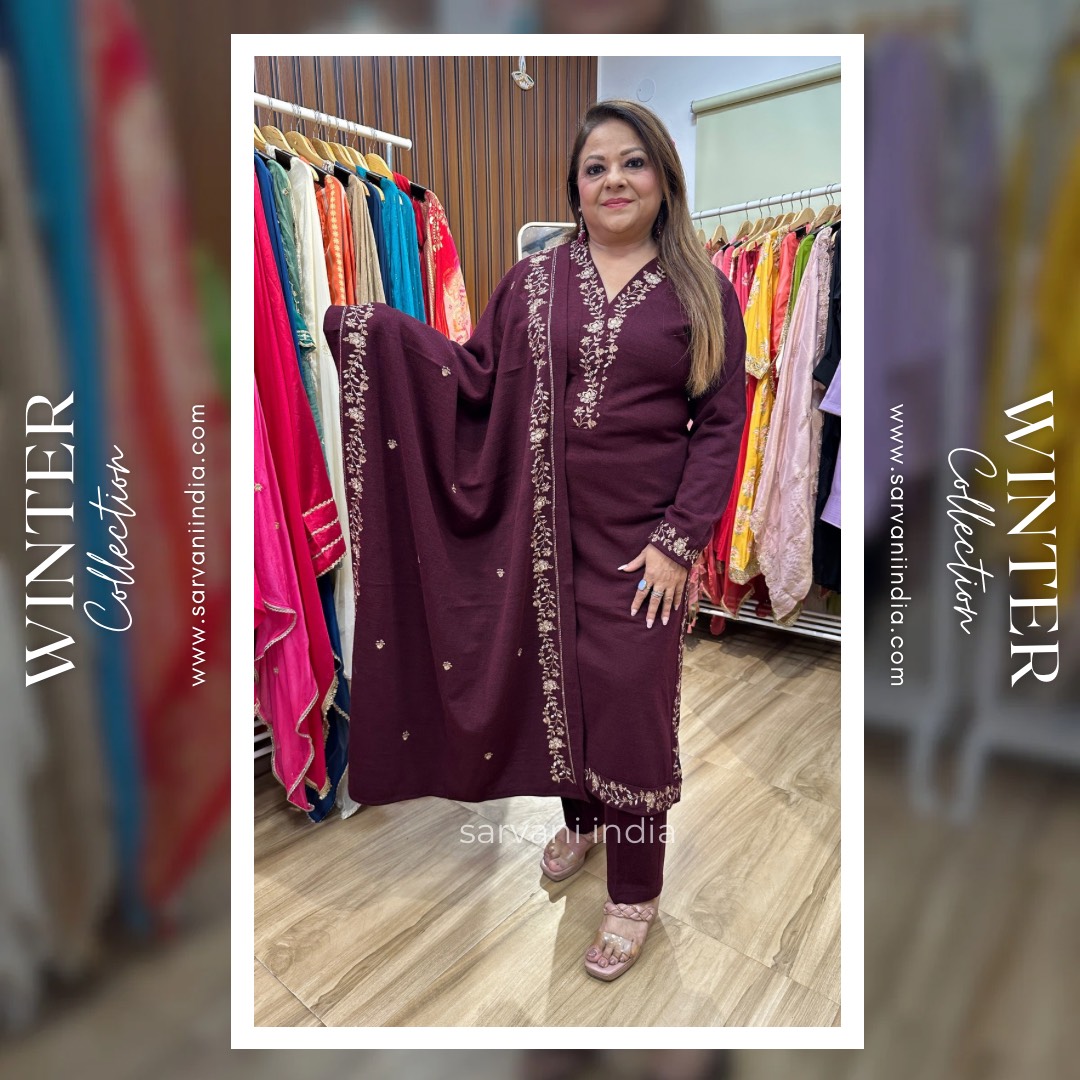 Wine Embroidered Shawl Suit set