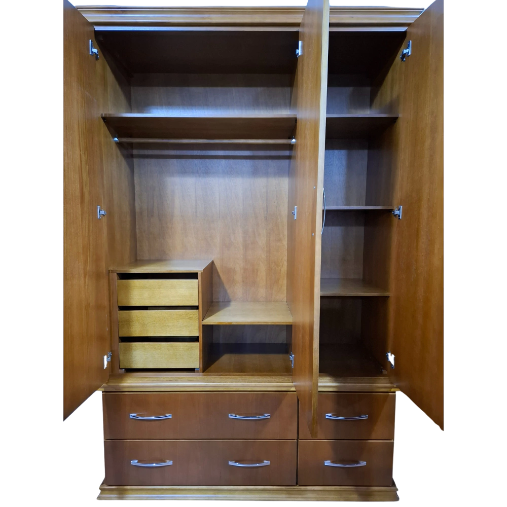 Guarda-roupa de madeira de 3 portas e 4 gavetas externas