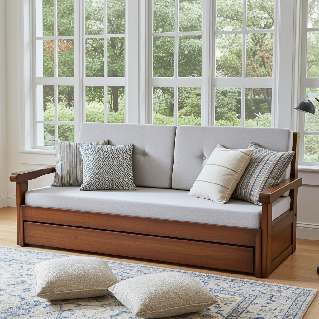 Sofá-cama com cama de madeira maciça com cama  auxiliar 