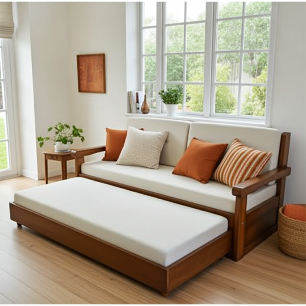 Sofá-cama com cama de madeira maciça com cama  auxiliar 