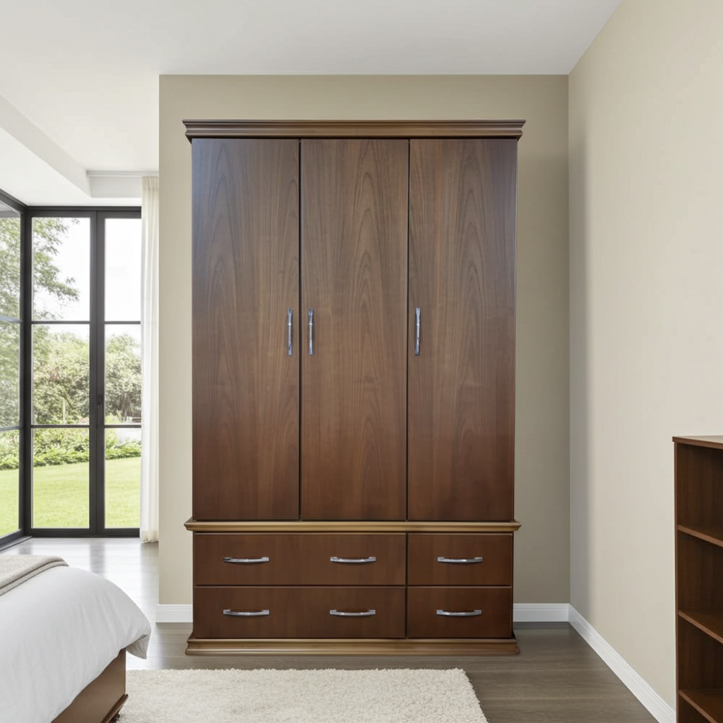 Guarda-roupa de madeira de 3 portas e 4 gavetas externas