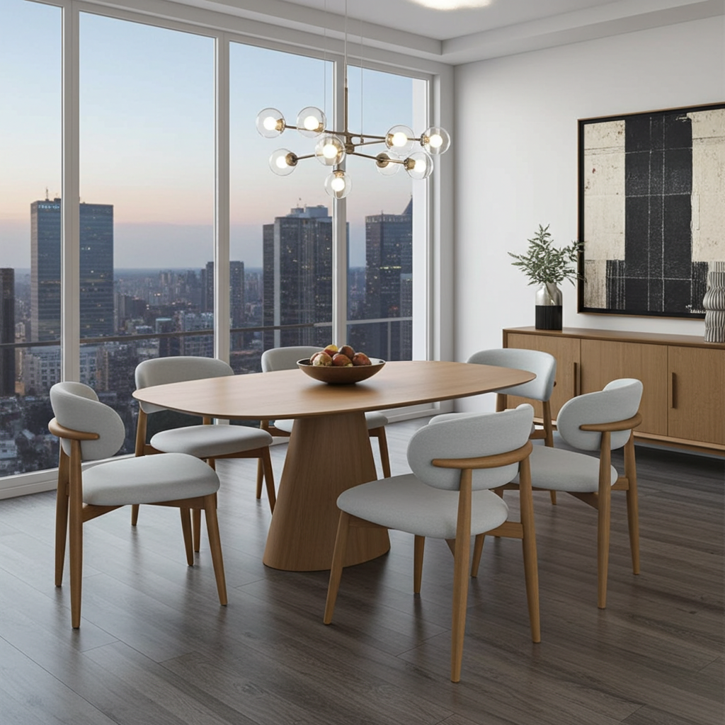 Conjunto de Mesa de jantar de madeira com tampo oval e 6 cadeiras