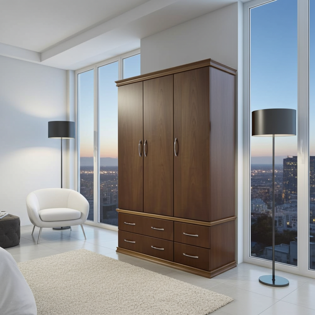 Guarda-roupa de madeira de 3 portas e 4 gavetas externas