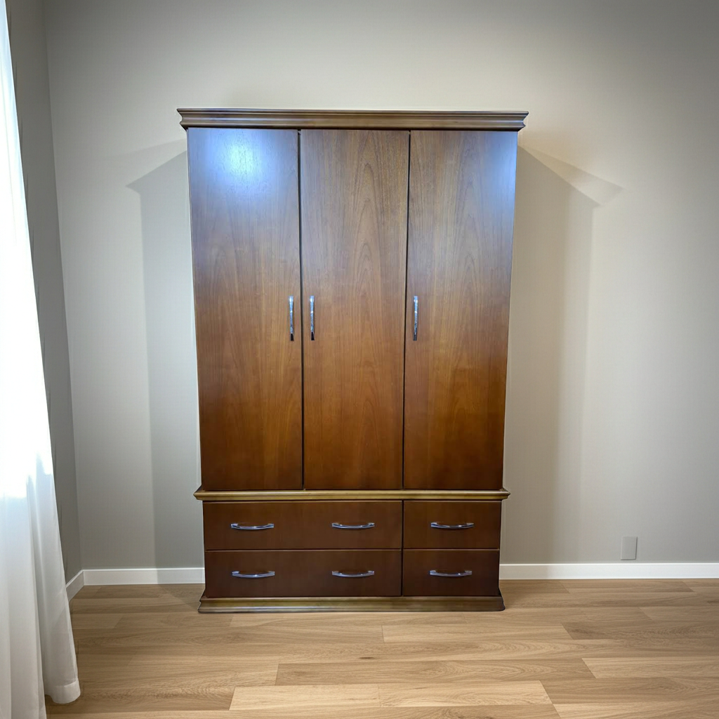 Guarda-roupa de madeira de 3 portas e 4 gavetas externas