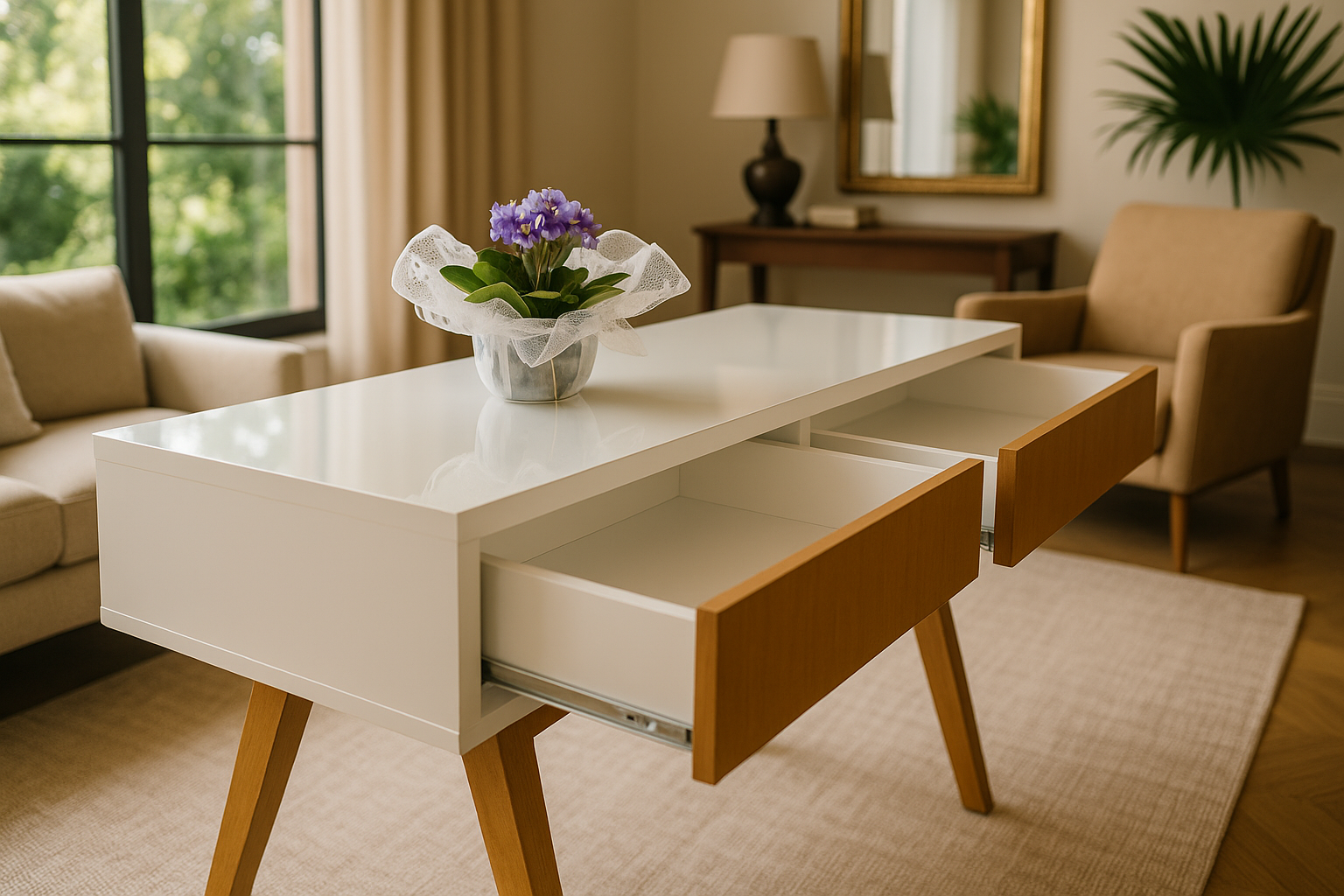 Aparador 2 gavetas de madeira com tampo em vidro