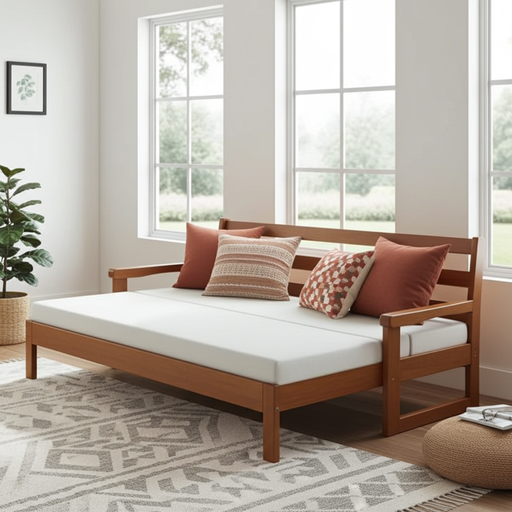 Sofá-cama com cama de madeira maciça com cama  auxiliar 