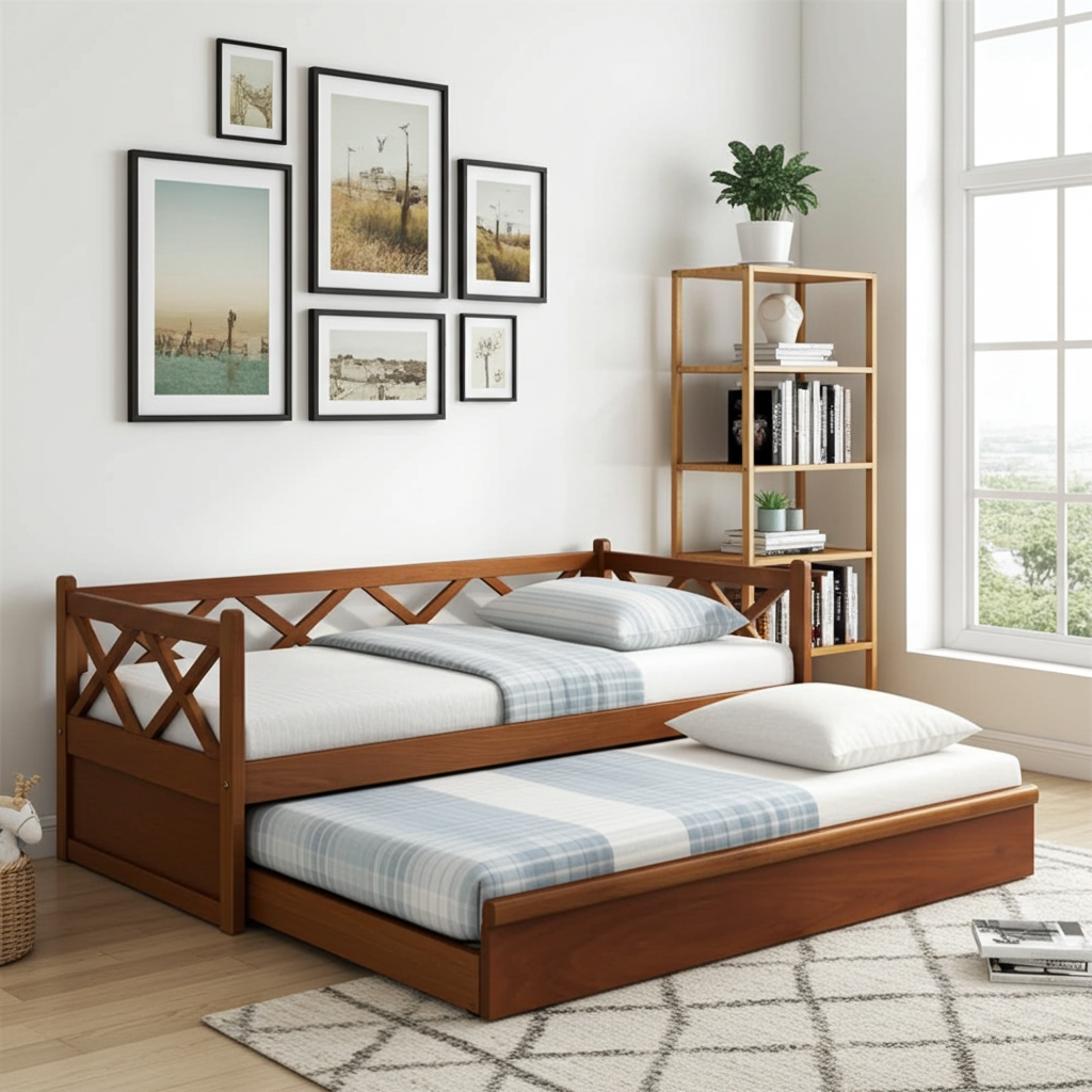 Cama com cama auxiliar de madeira maciça Xis