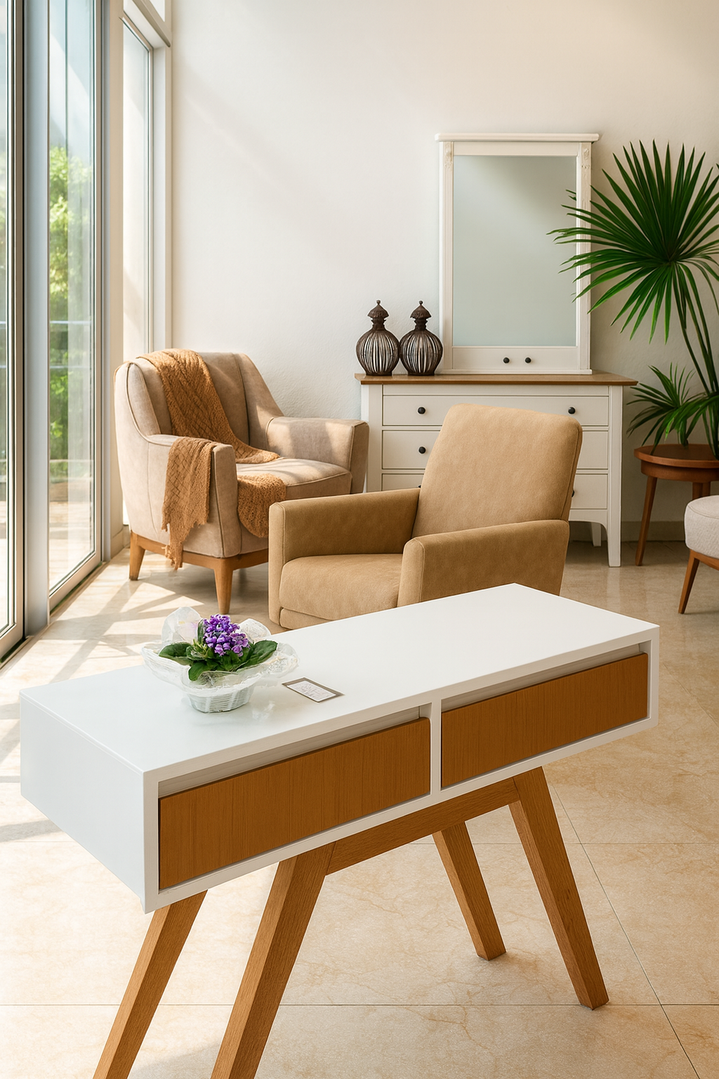 Aparador 2 gavetas de madeira com tampo em vidro