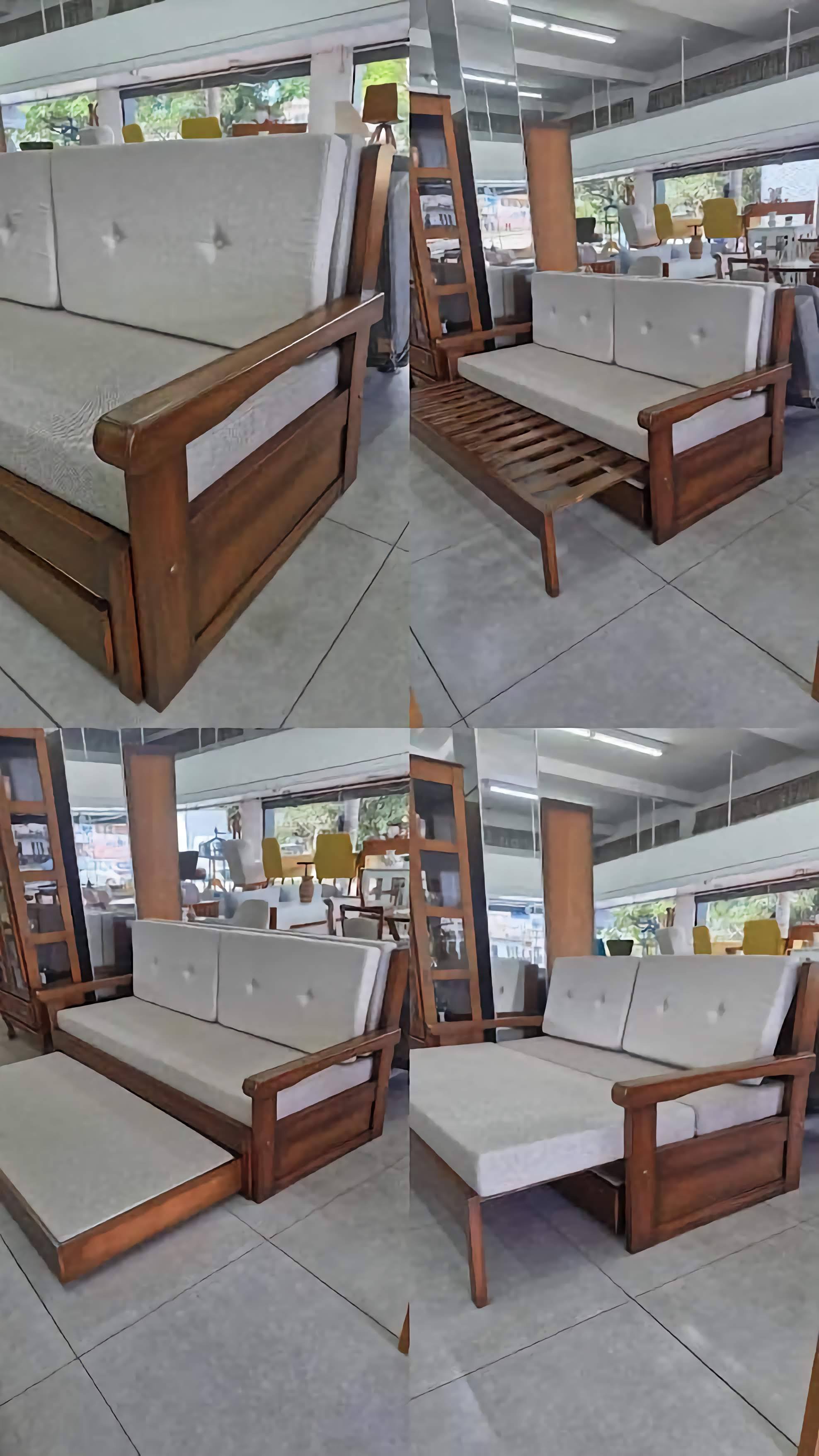 Sofá-cama com cama auxiliar de madeira com estofado bege