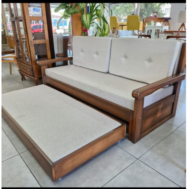 Sofá-cama com cama auxiliar de madeira com estofado bege