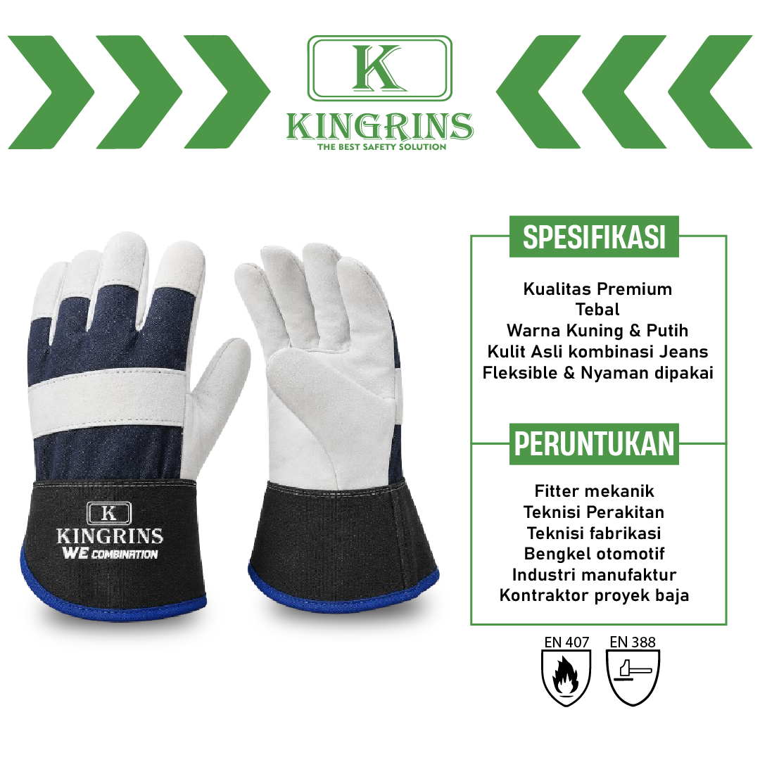 KINGRINS - Sarung tangan fitter kombinasi tipe We Combination bahan kulit kombinasi jeans panjang 10 inch