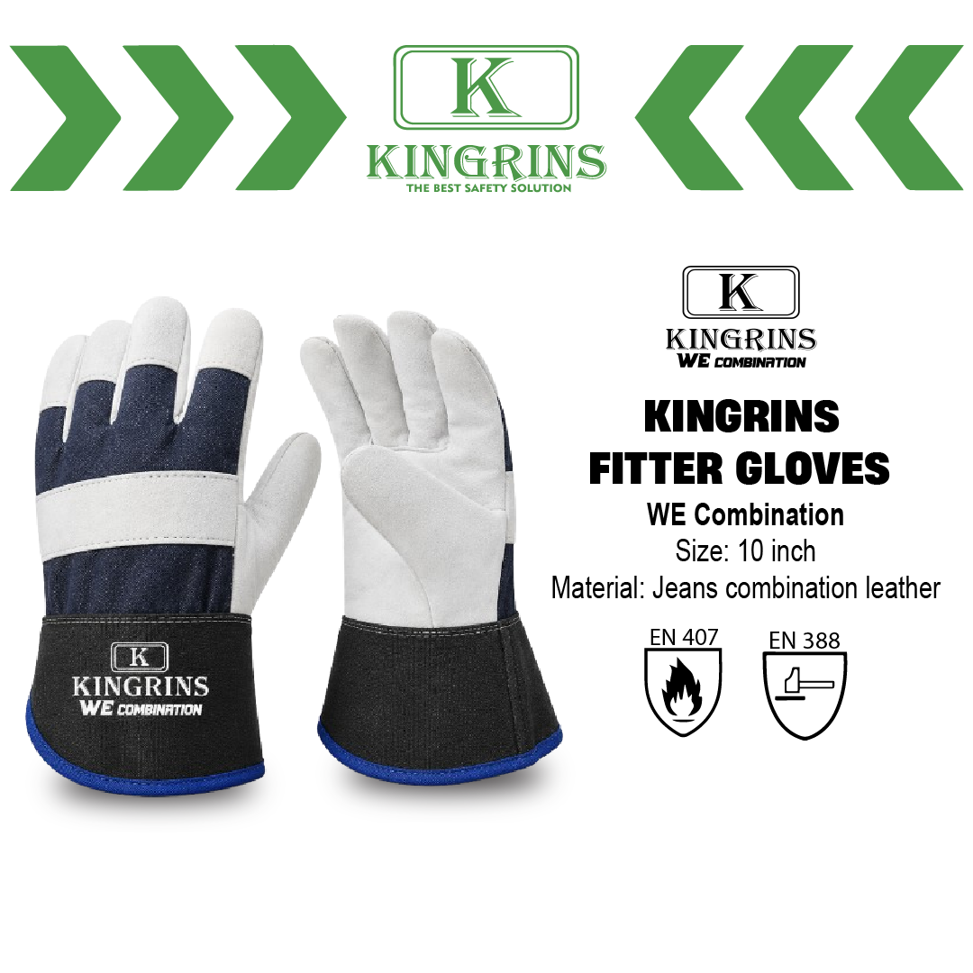 KINGRINS - Sarung tangan fitter kombinasi tipe We Combination bahan kulit kombinasi jeans panjang 10 inch