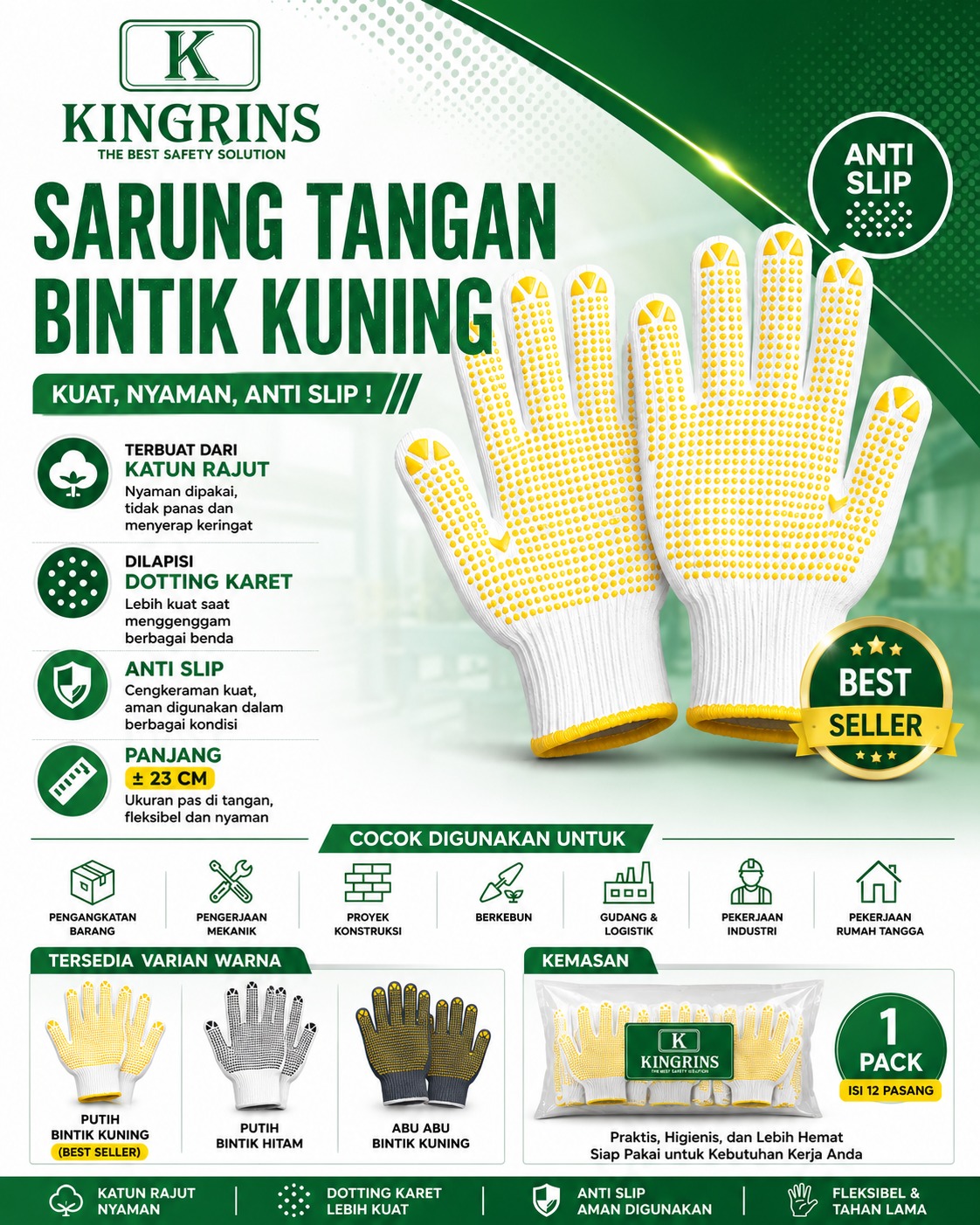 KINGRINS - Sarung Tangan Katun Bintik Kuning / Sarung Tangan Benang Putih Bintik Kuning 