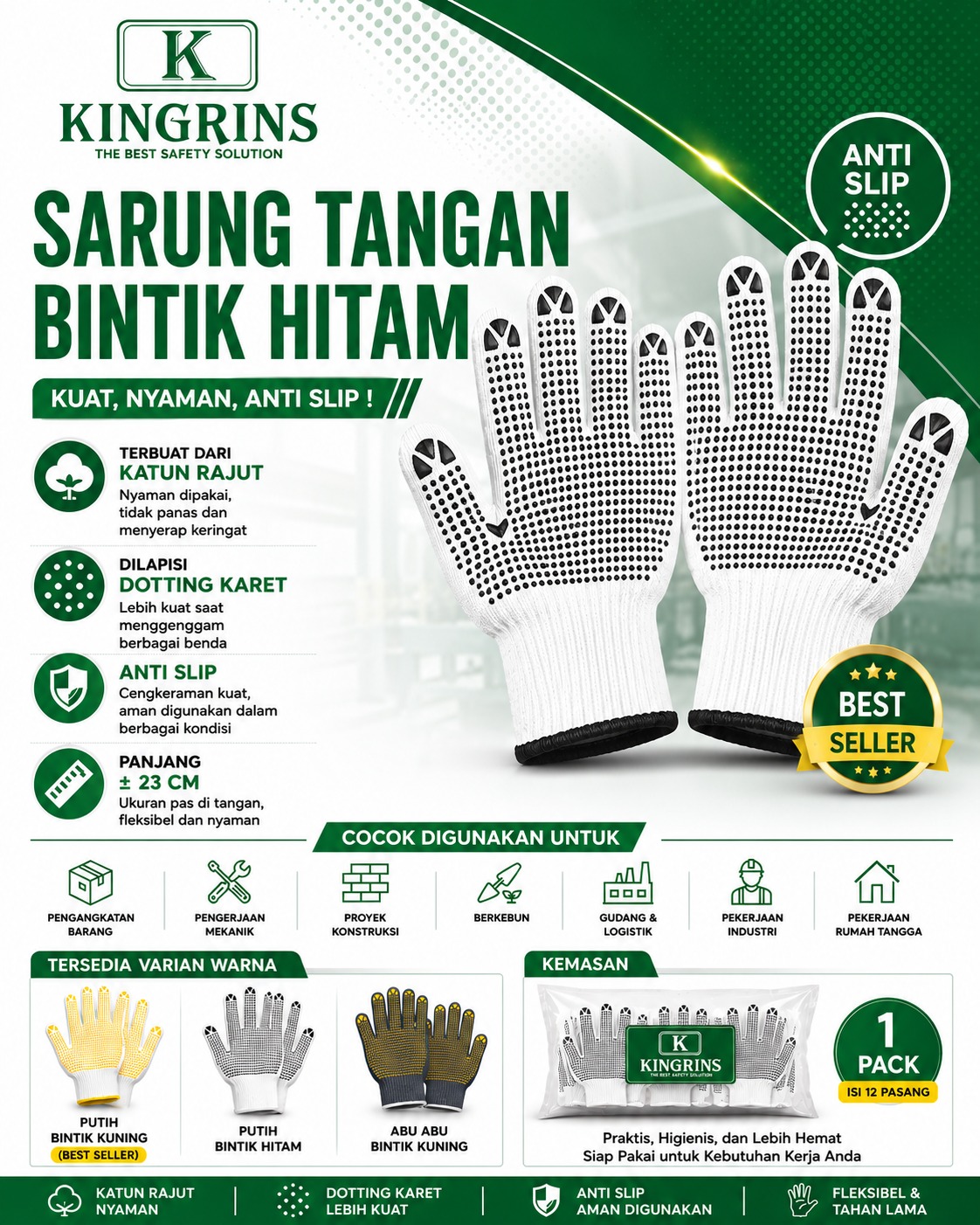 KINGRINS - Sarung Tangan Katun Bintik Hitam / Sarung Tangan Benang Putih Bintik Hitam