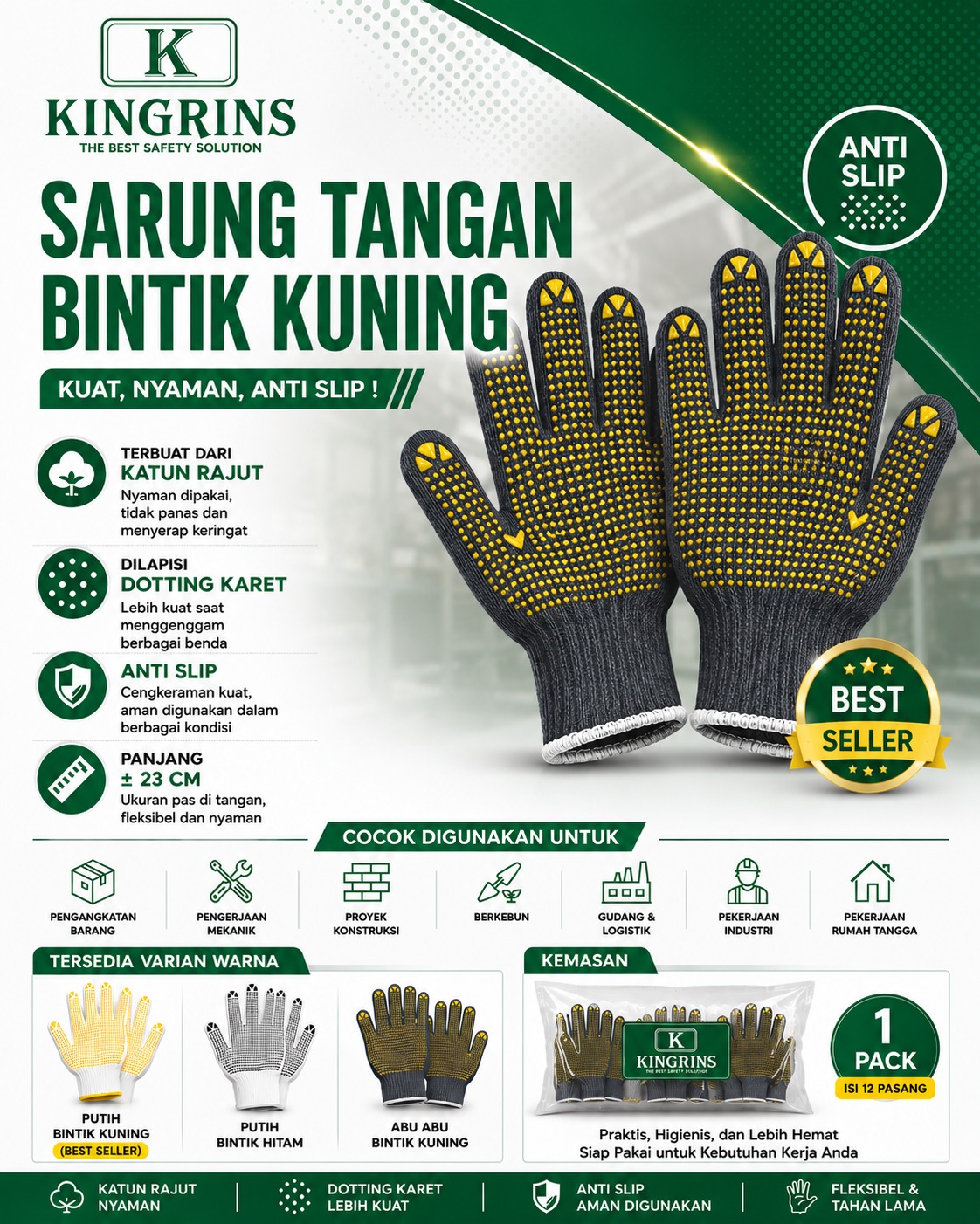 KINGRINS - SarungTangan Katun Bintik Lusinan / Sarung Tangan Rajut Abu Abu bintik Kuning Lusinan - Abu Bintik Kuning