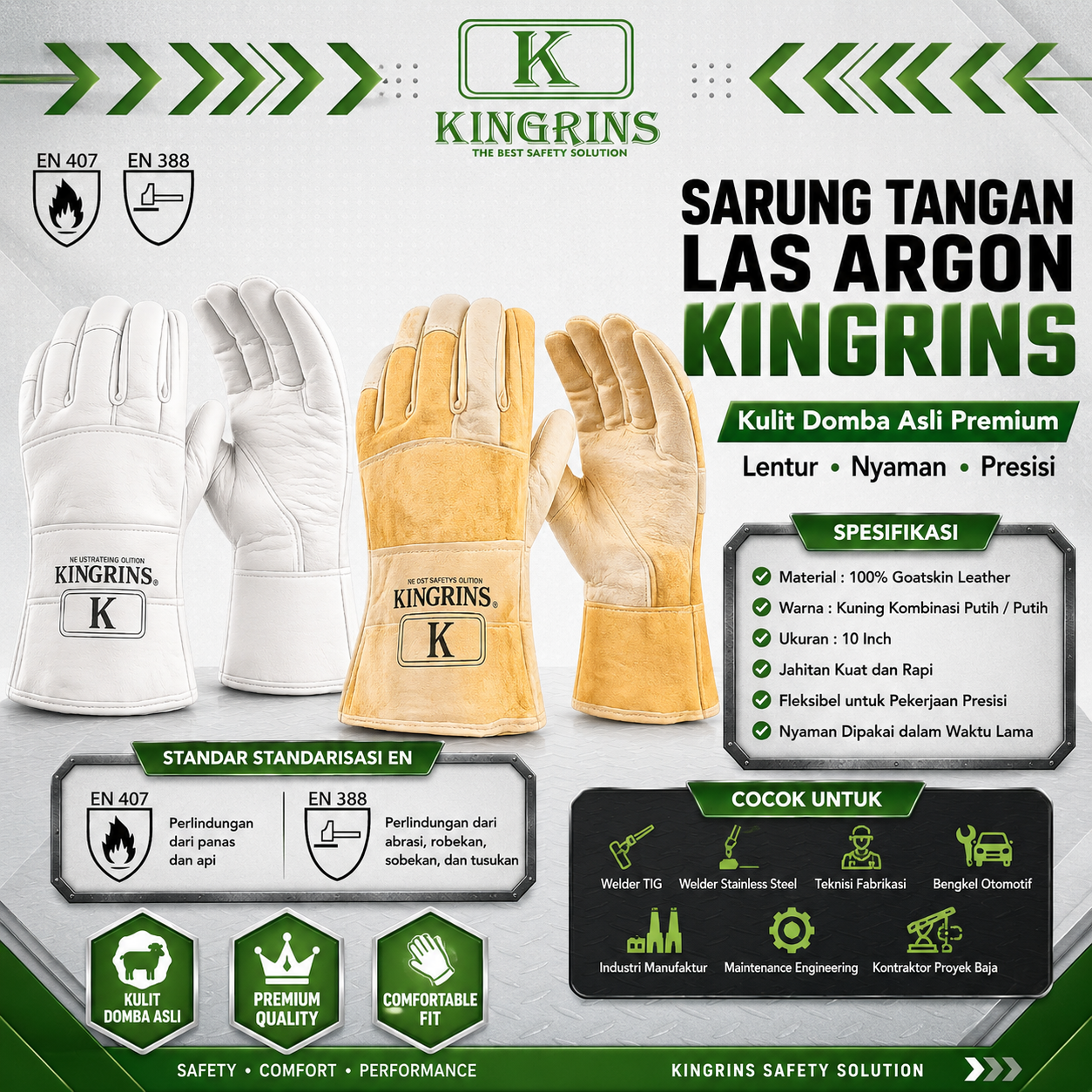 KINGRINS - Sarung Tangan Las Argon Kulit domba asli warna putih tahan panas Cocok untuk welder TIG dan fabrikasi