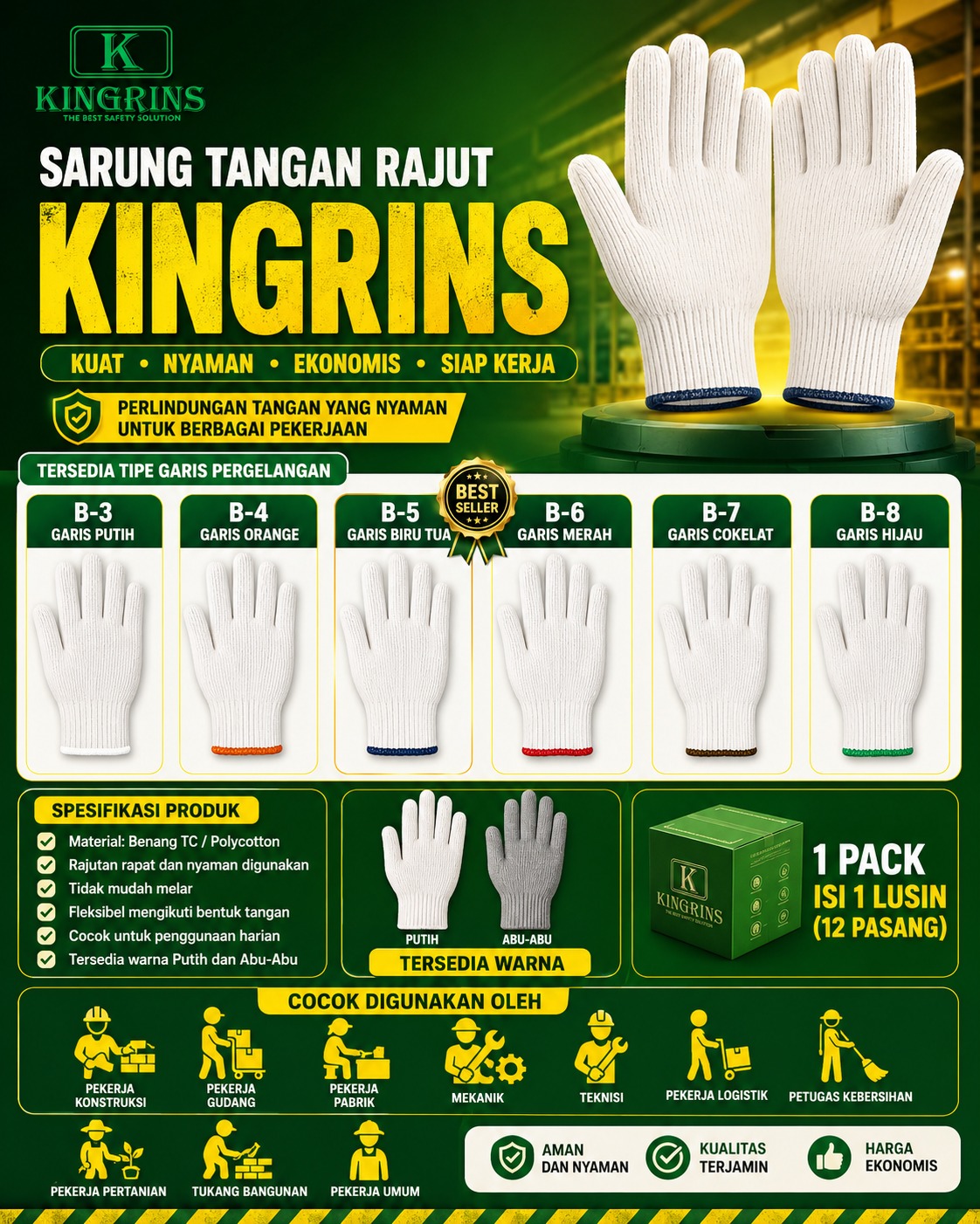 KINGRINS - Sarung Tangan Rajut Benang 5 / Sarung Tangan Katun Benang 5 Putih